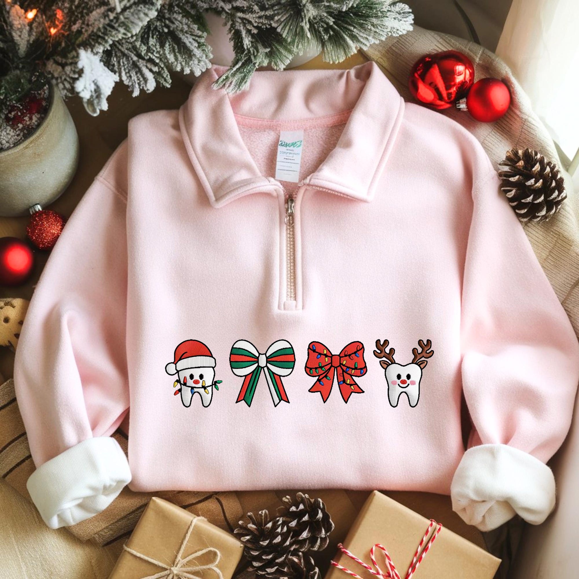 Coquette Christmas Dentist Embroidered Quarter Zip Sweatshirt, Xmas Dental Shirt, Santa Teeth, Nurse Gift