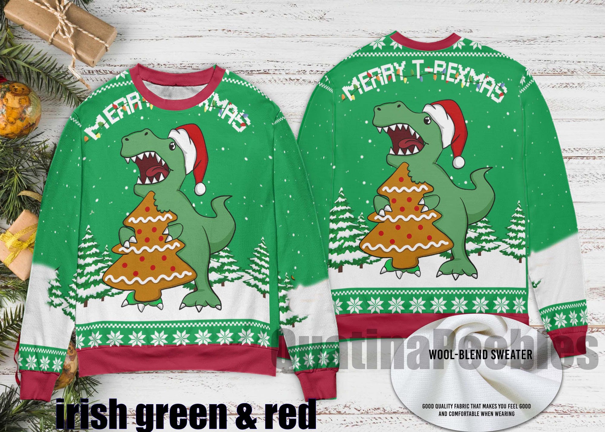 T-Rex And Christmas Tree Cookies Ugly Sweater, Jurassic Park Christmas Sweater, Unisex Funny Sweater for Family, Christmas Ugly Sweater