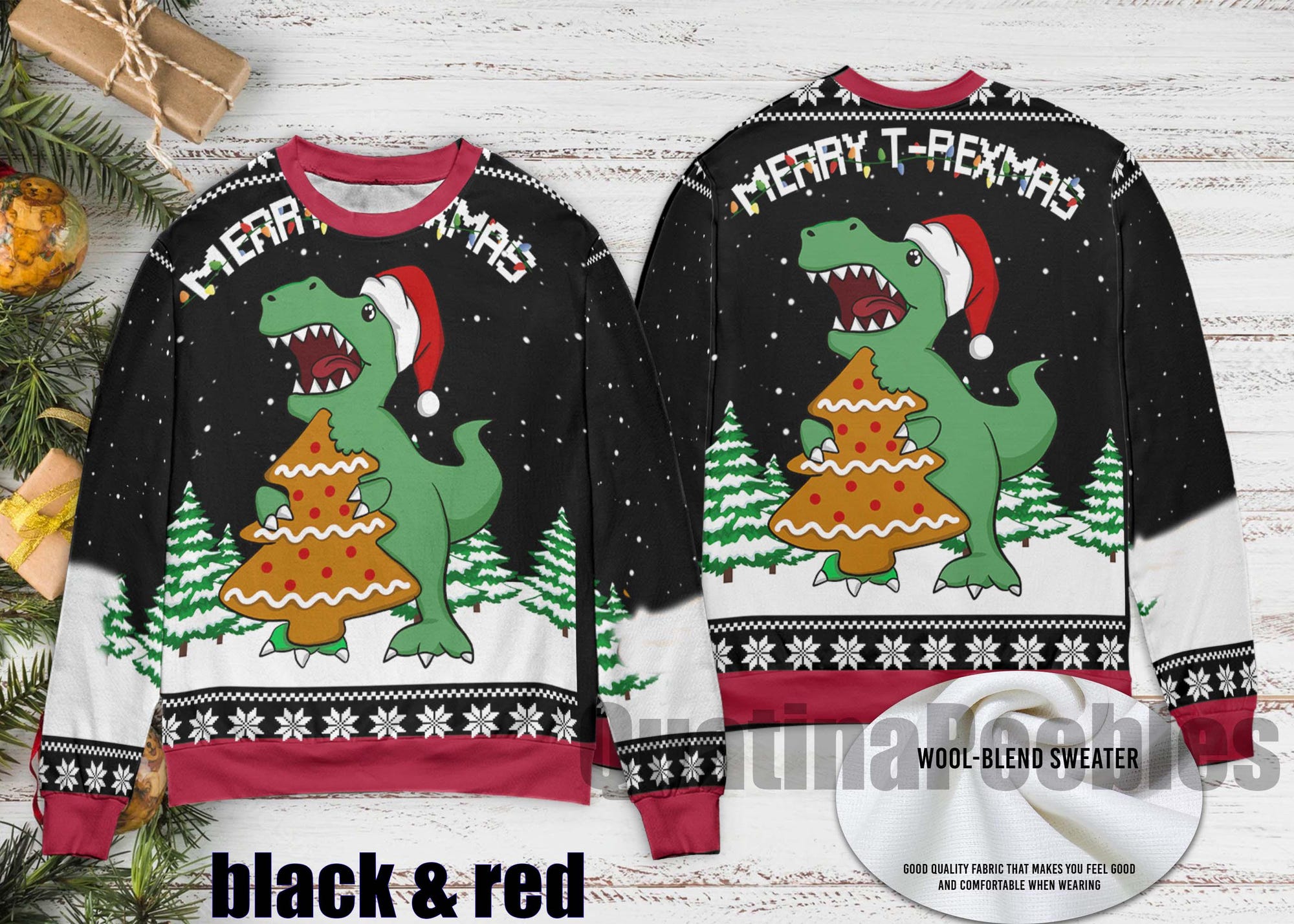 il_2000xN.7274159993_mcov.jpg T-Rex And Christmas Tree Cookies Ugly Sweater, Jurassic Park Christmas Sweater, Unisex Funny Sweater for Family, Christmas Ugly Sweater