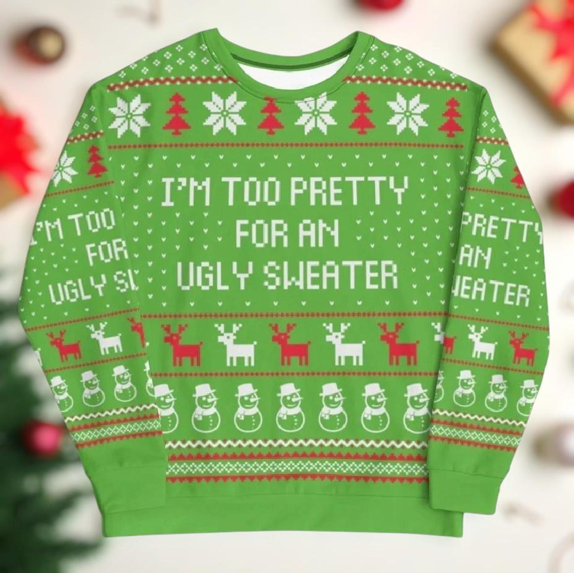 Christmas Ugly Sweater, Funny Too Pretty Holiday Jumper, Cute Reindeer Snowman Green Xmas Pullover for Women Men