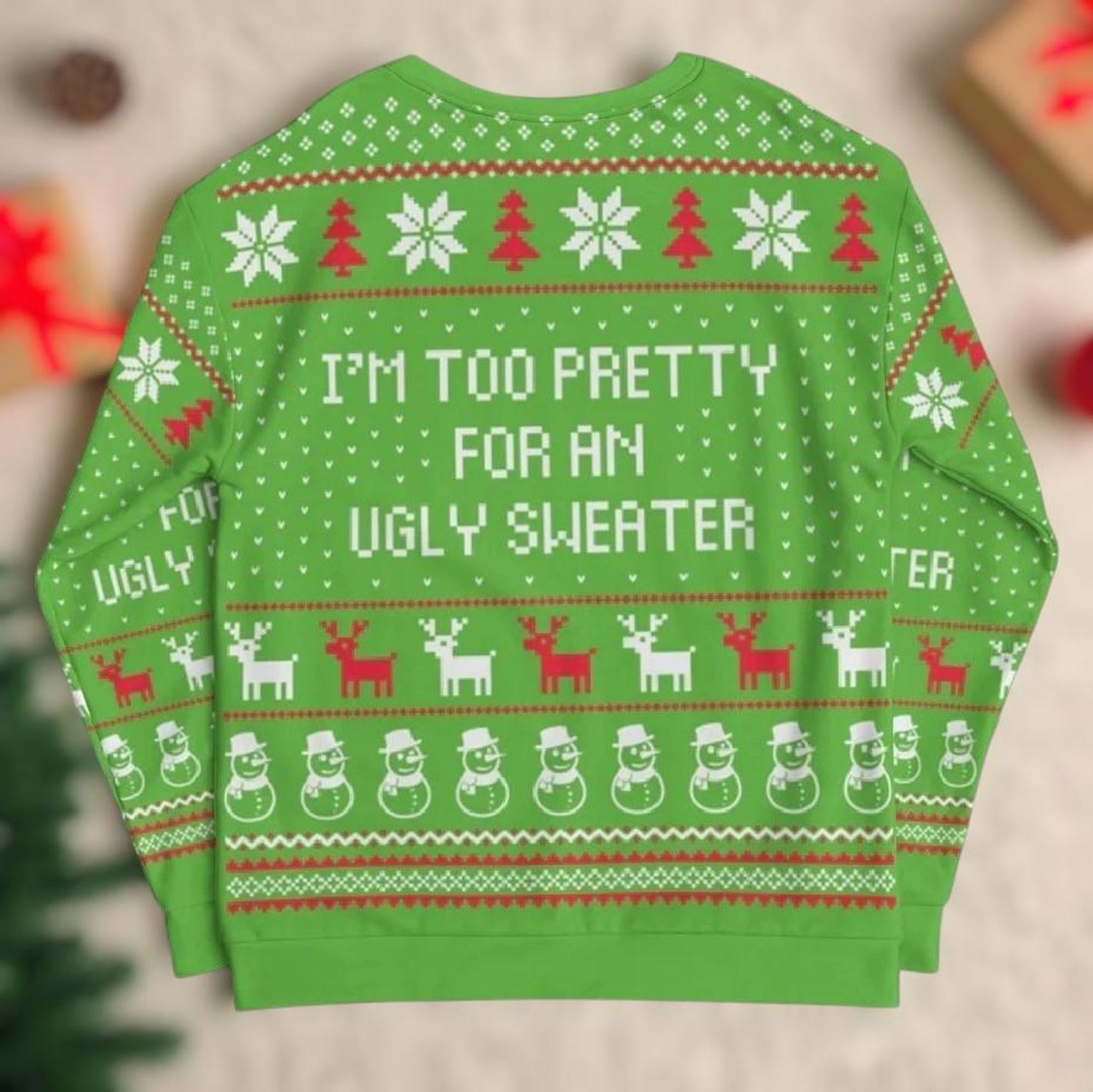 il_2000xN.7275372648_qqu0.jpg Christmas Ugly Sweater, Funny Too Pretty Holiday Jumper, Cute Reindeer Snowman Green Xmas Pullover for Women Men