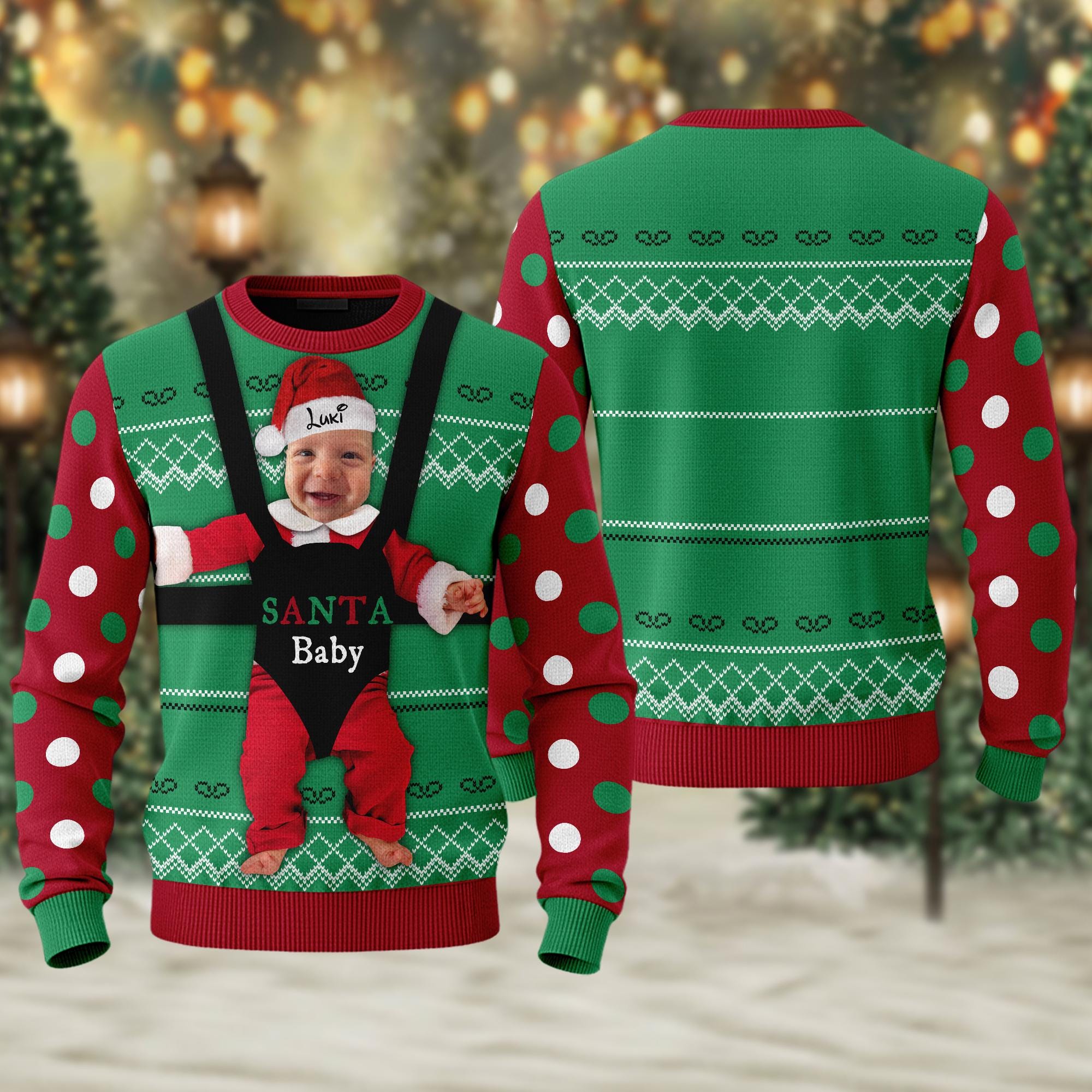 Personalized Santa Baby’s Face With Carrier On Christmas Ugly Sweater, Custom Face Santa Xmas Sweater, Christmas Gift For Men Women Kid