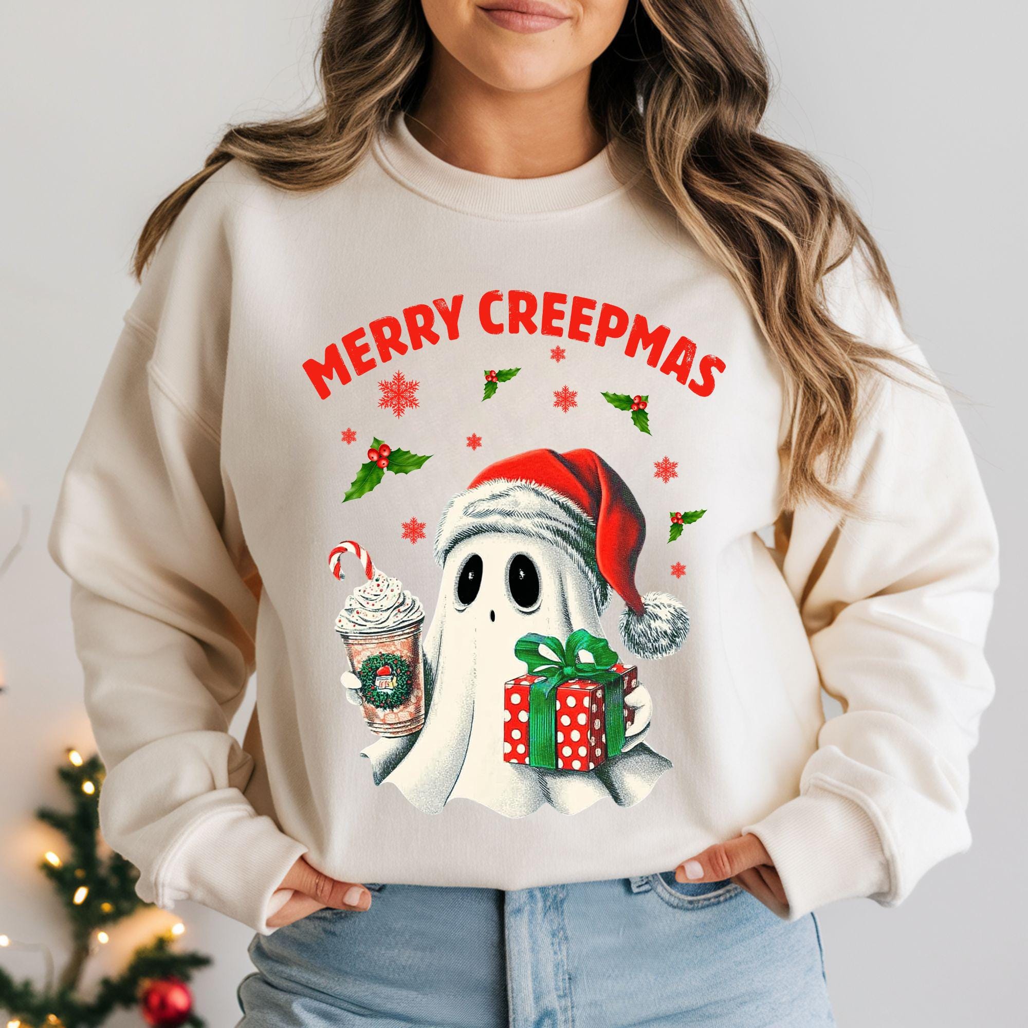 il_2000xN.7277029278_ro4e-1.jpg Merry Creepmas Ghost Christmas Shirt, Spooky Christmas Sweatshirt, Retro Ghost With Santa Hat, Halloween Christmas Shirt, Seasons Creepings
