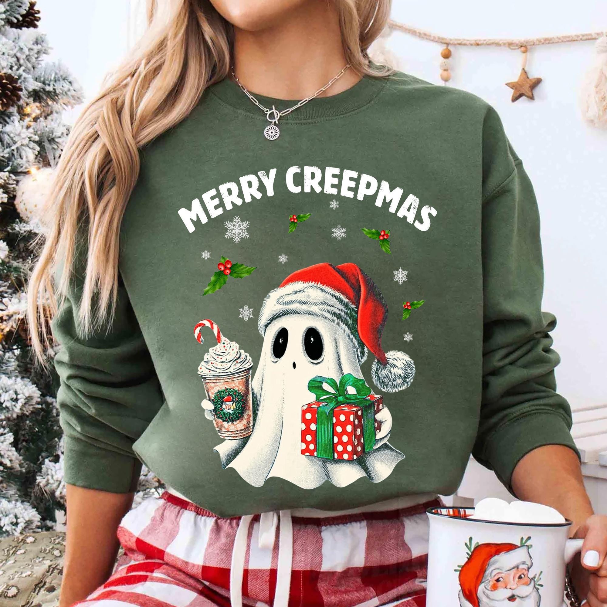 il_2000xN.7277029290_ifc2-1.jpg Merry Creepmas Ghost Christmas Shirt, Spooky Christmas Sweatshirt, Retro Ghost With Santa Hat, Halloween Christmas Shirt, Seasons Creepings