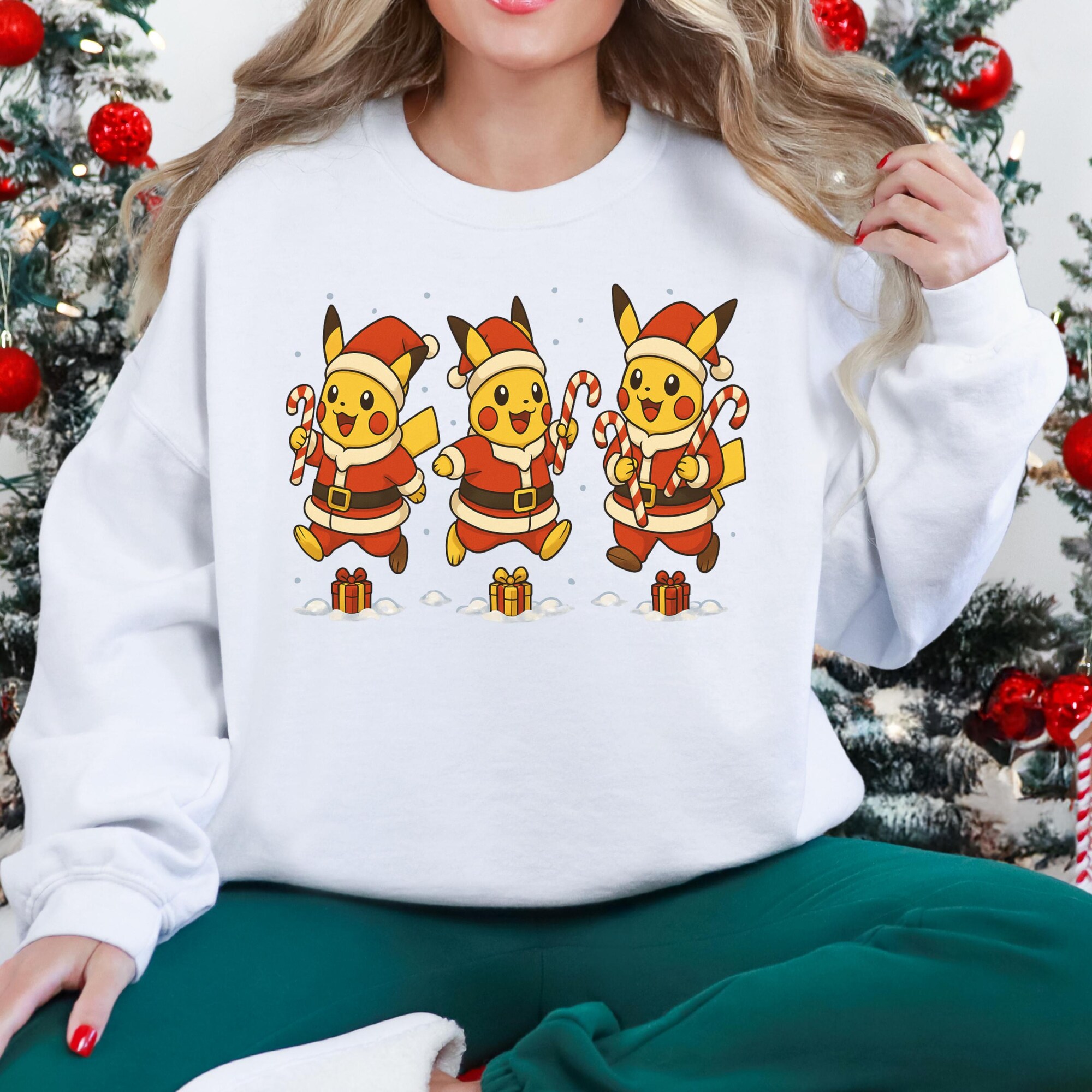 Pikachu Santa Candy Cane Gildan Sweatshirt,Poke Character Christmas Squad Anime Characters hoodie,Holiday Pikachu crew,Funny Christmas poke