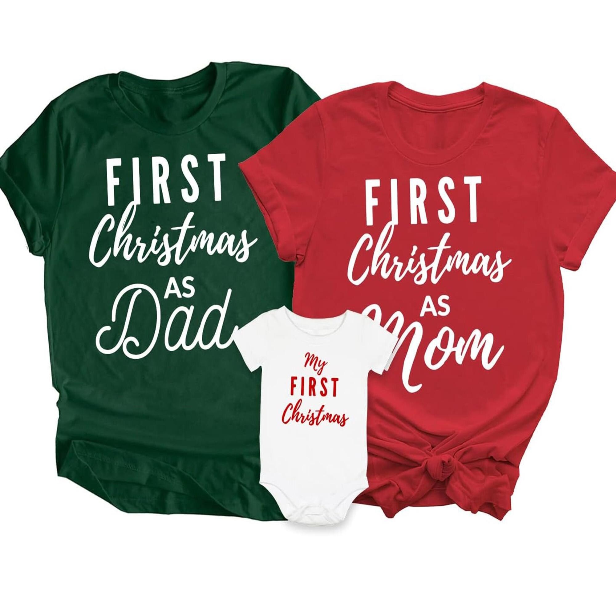 First Christmas As Mom Dad Shirts, Matching Family Christmas Outfit, Baby My First Xmas Onesie, New Parents Holiday Gift Set