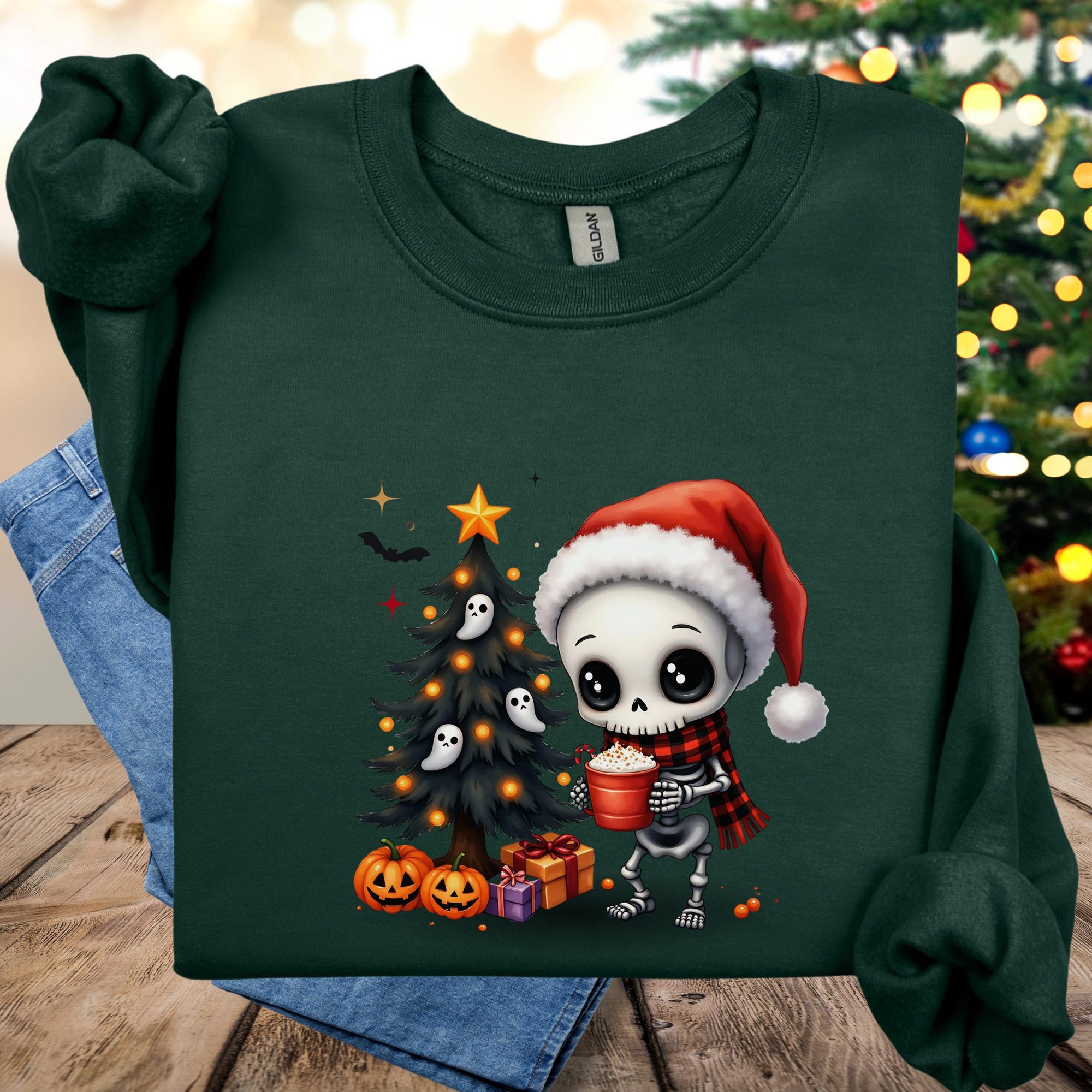 Chibi Goth Christmas Sweatshirt, Cute Holiday Crewneck Jumper, Festive Emo Xmas Pullover, Black and White Winter Apparel, Dark Kawaii Santa