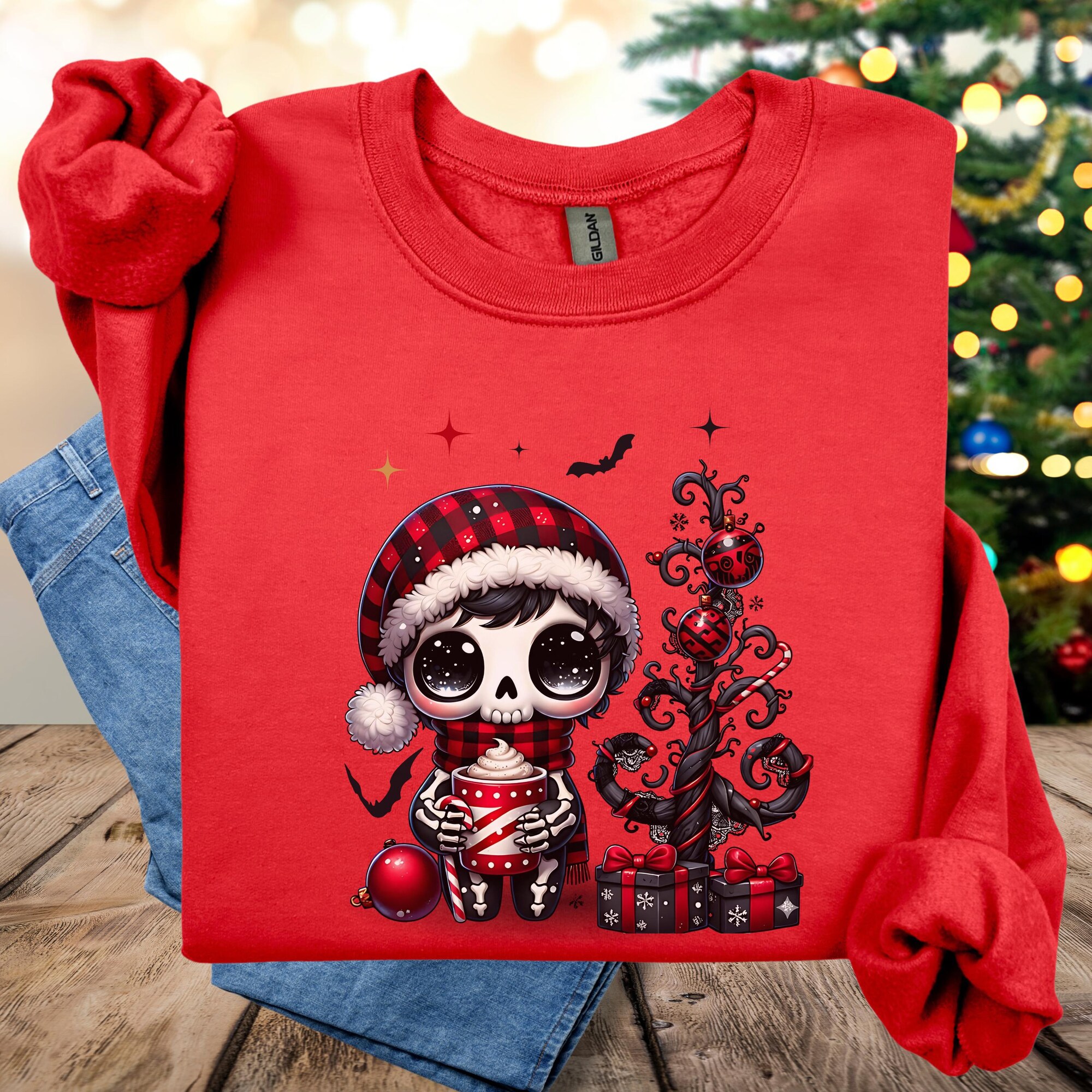 Chibi Goth Christmas Sweatshirt, Cute Holiday Crewneck Jumper, Festive Emo Xmas Pullover, Pink Christmas Winter Apparel, Dark Kawaii Santa