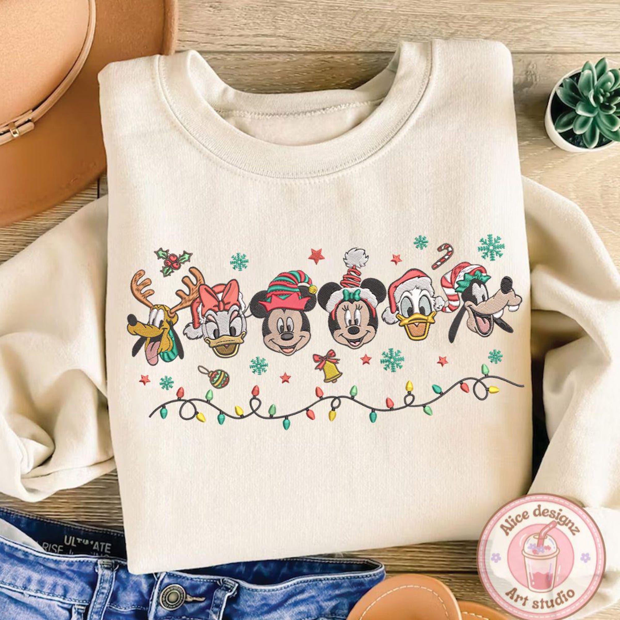 EMBROIDERED Mickey & friends Christmas Lights Sweatshirt Tshirt Hoodie, Disney world Disneyland Christmas Embroidery shirt