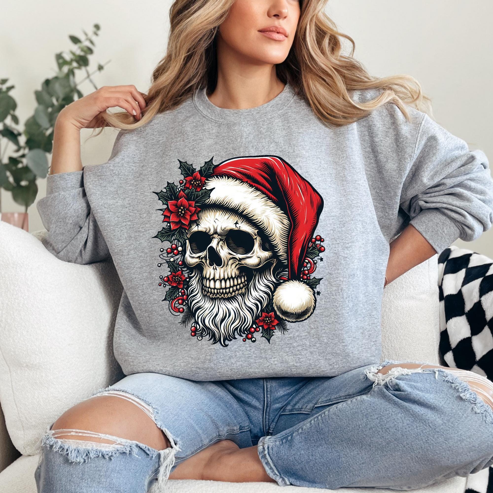 Skull Santa Christmas Sweatshirt: Gothic Punk Rock Holiday Pullover