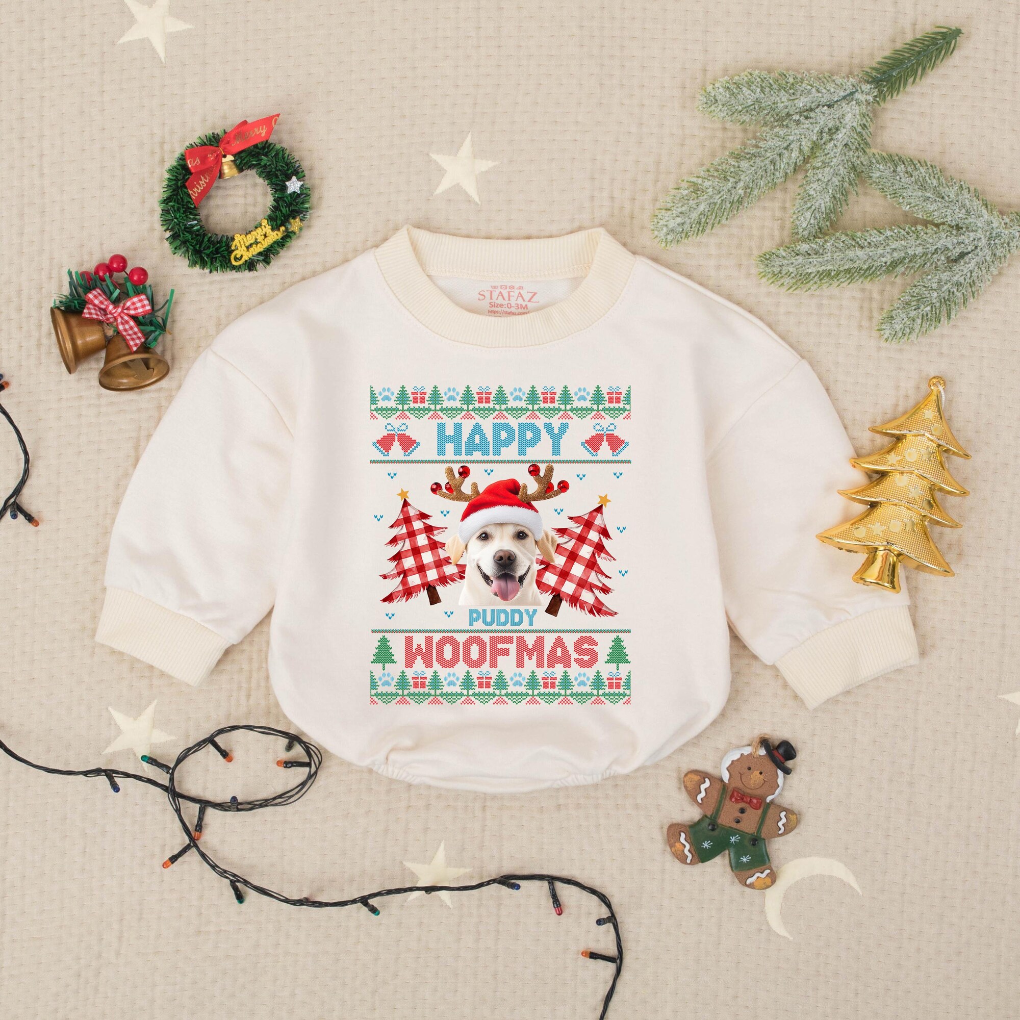 Custom Photo Dog Ugly Christmas Bubble Romper, Dog Mom Baby Christmas Outfit, Funny Dog Lovers Gift, Personalized Pet Face Holiday Sweater