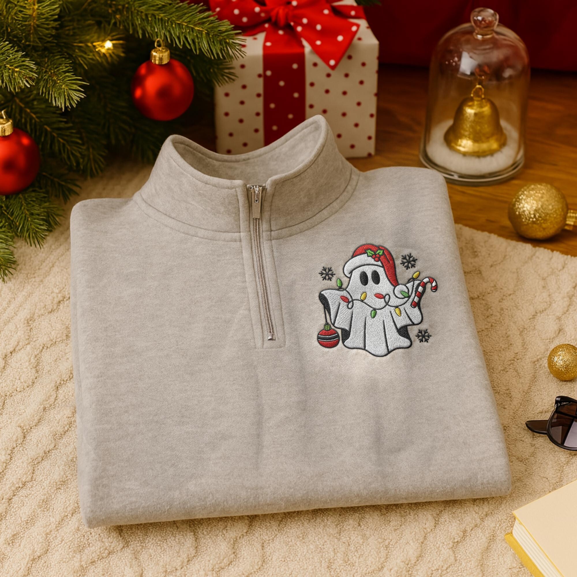 il_2000xN.7281809118_bifz.jpg Christmas Ghost Embroidered Quarter Zip, Festive Holiday Sweatshirt, Christmas Ghost Embroidery, Christmas Shirt for Family, Holiday Gift