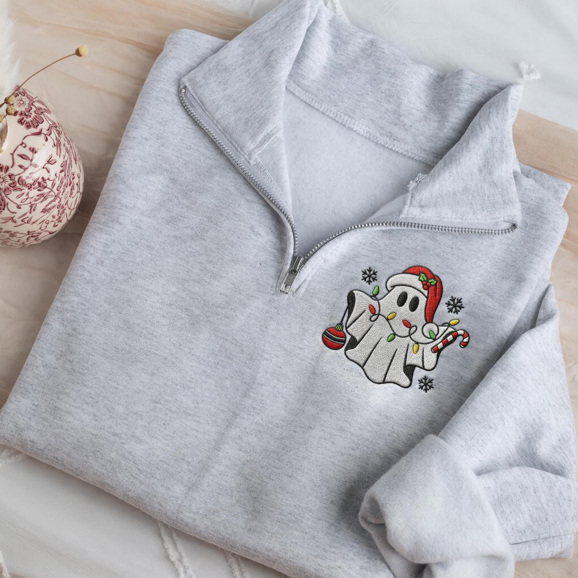 il_2000xN.7281809250_iqsh.jpg Christmas Ghost Embroidered Quarter Zip, Festive Holiday Sweatshirt, Christmas Ghost Embroidery, Christmas Shirt for Family, Holiday Gift