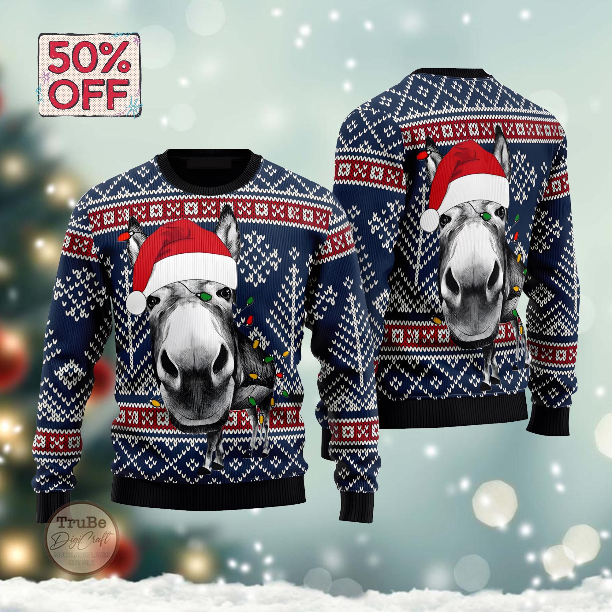 Cute Donkey Santa Hat Christmas Sweater, Funny Donkey Meme Ugly Sweater, Donkey Lovers Gift, Holiday Eve Gift, Donkey Xmas Sweater