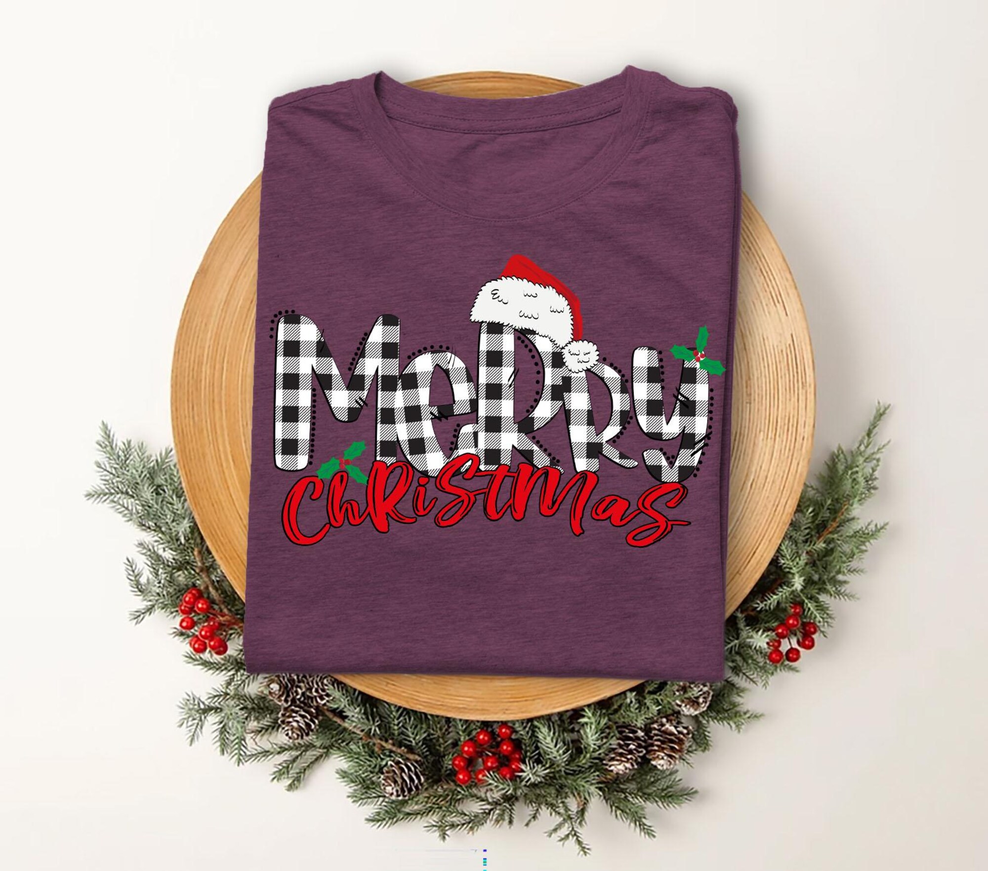 il_2000xN.7282162669_pxnn-1.jpg Merry Christmas T-Shirt, Cute Holiday Tee for Women, Plaid Lettering Christmas Shirt, Xmas Graphic Tee, Fun Christmas Gift Idea,Xmas Top