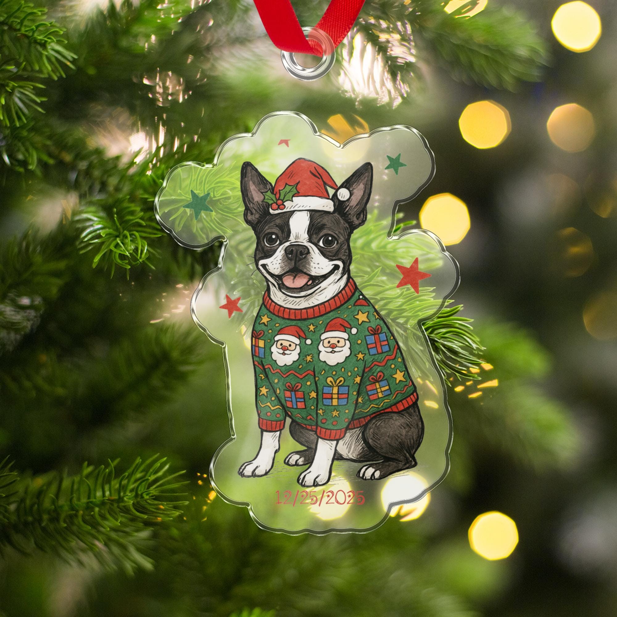 Christmas Ornament: Boston Terrier, Santa Hat, Ugly Sweater, Personalized Date