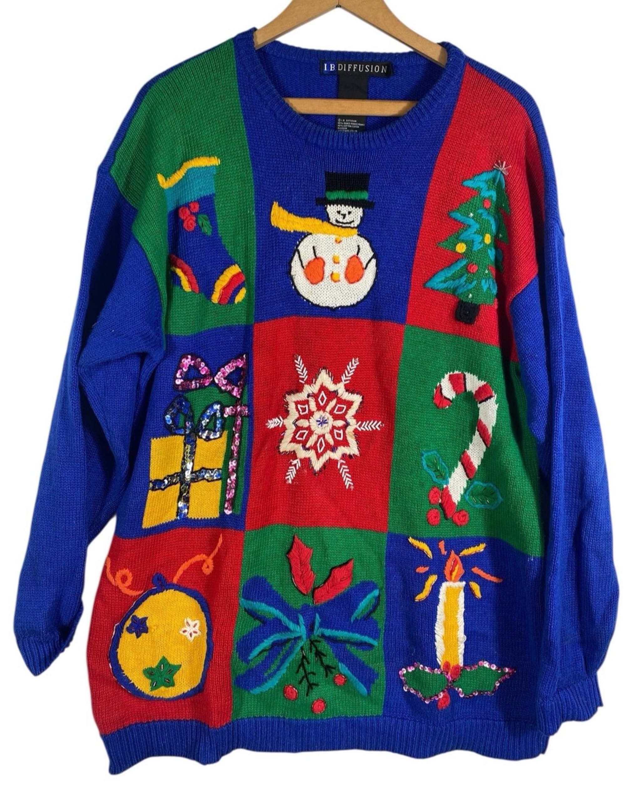 IB Diffusion Sweater Large Christmas Embroidered Womens Ugly Blue Grandmacore