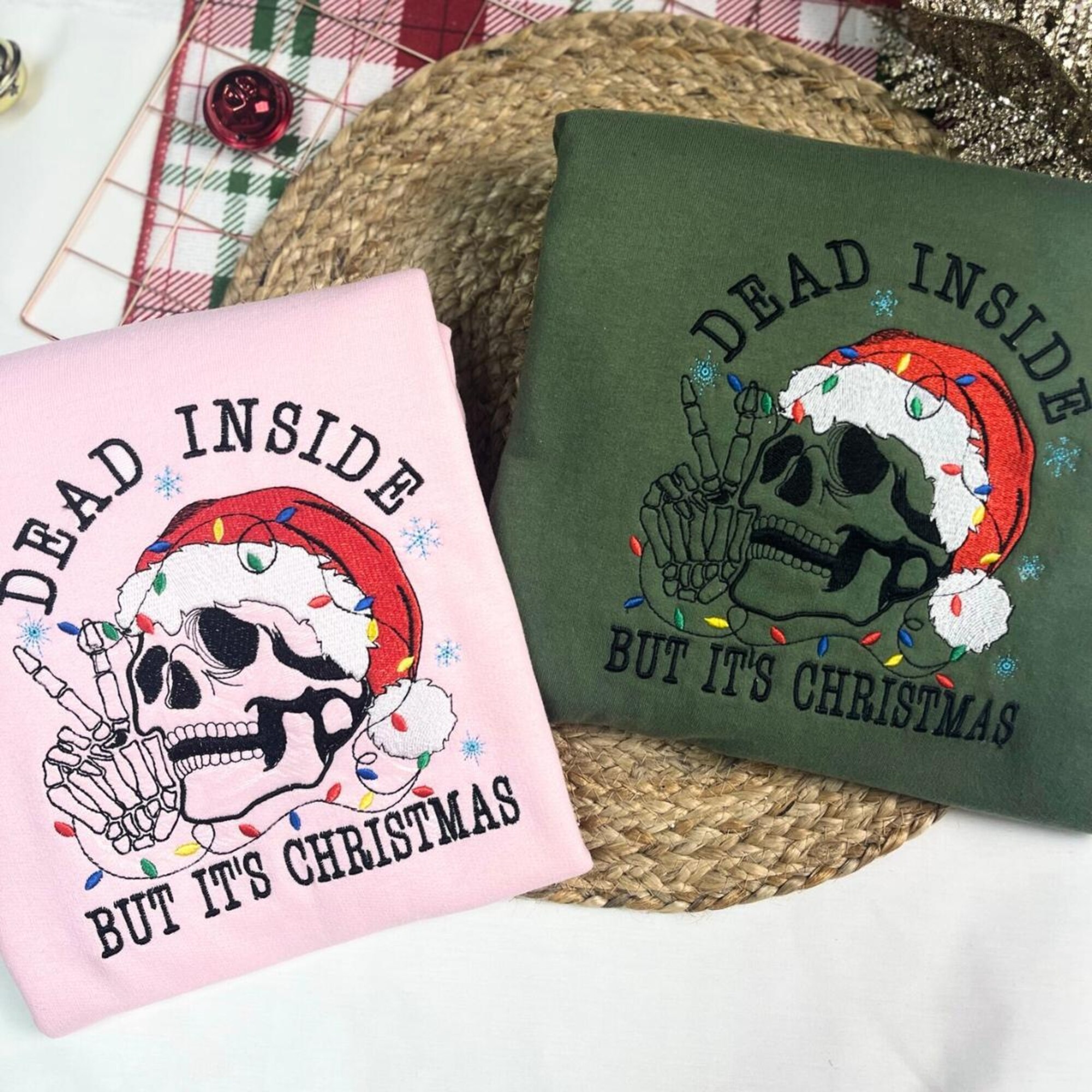Dead Inside But It’s Christmas Skeleton Embroidered Sweatshirt, Funny Winter Crewneck Jumper, Holiday Embroidery Hoodie, Gift For Xmas