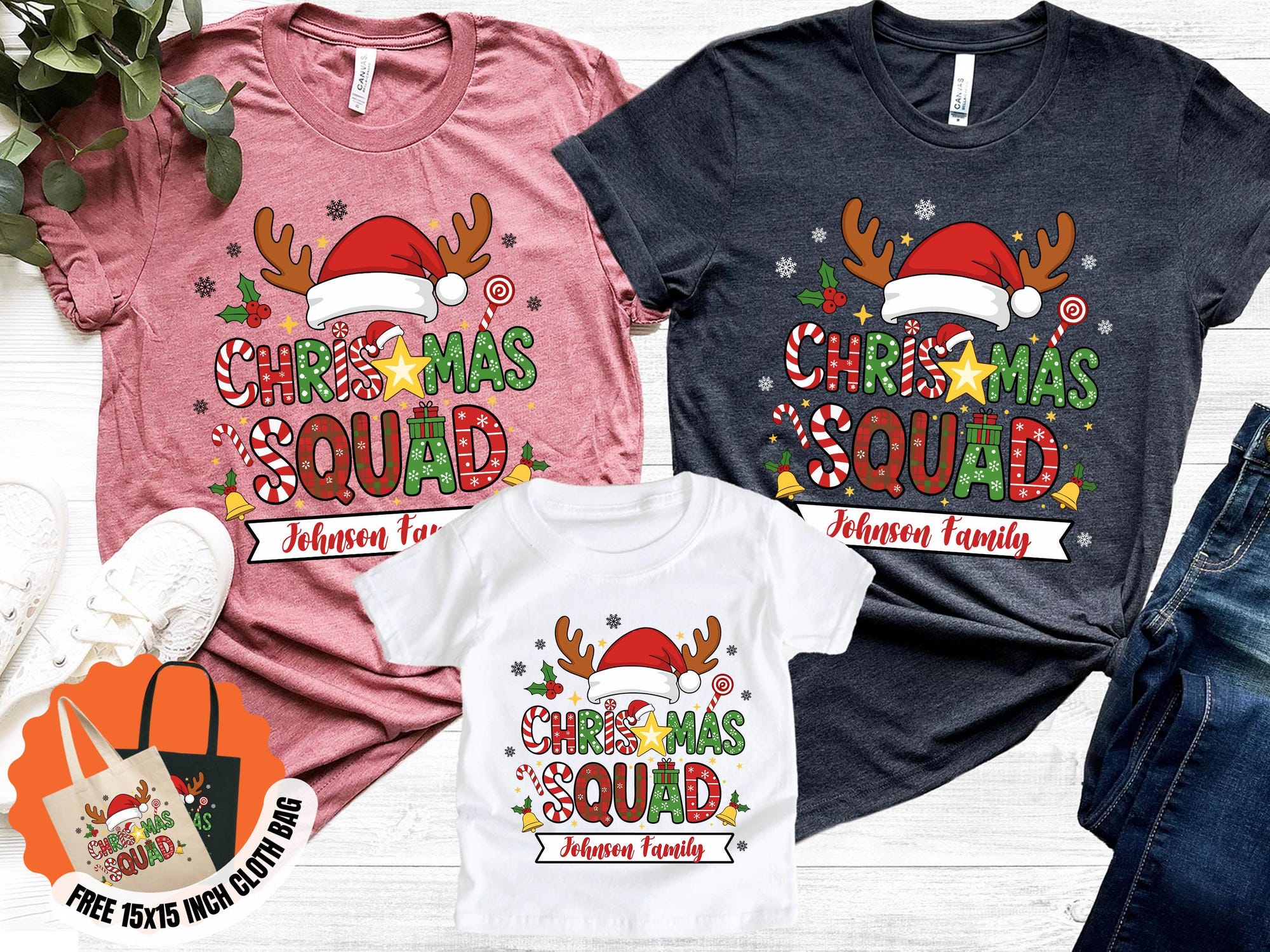Personalized Christmas Squad Family Shirts: Reindeer Santa Hat Matching Tees