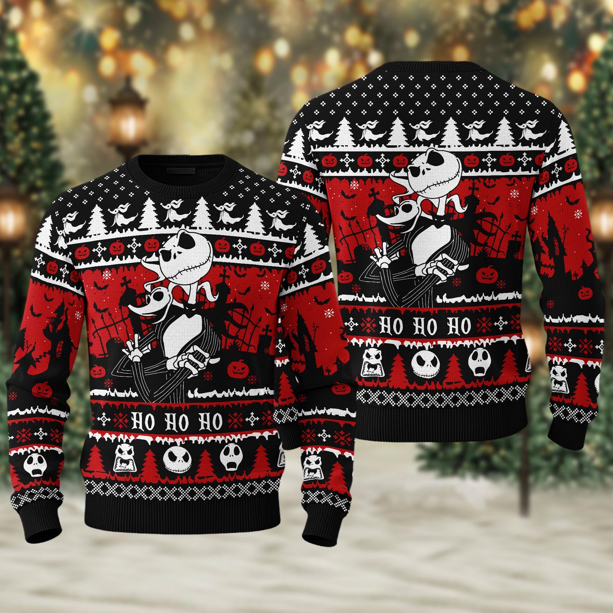 Jack Skellington Hohoho Ugly Christmas Sweater, Horror Characters Sweater, Nightmare Before Xmas Sweater, Christmas Gift For Men Women Kid