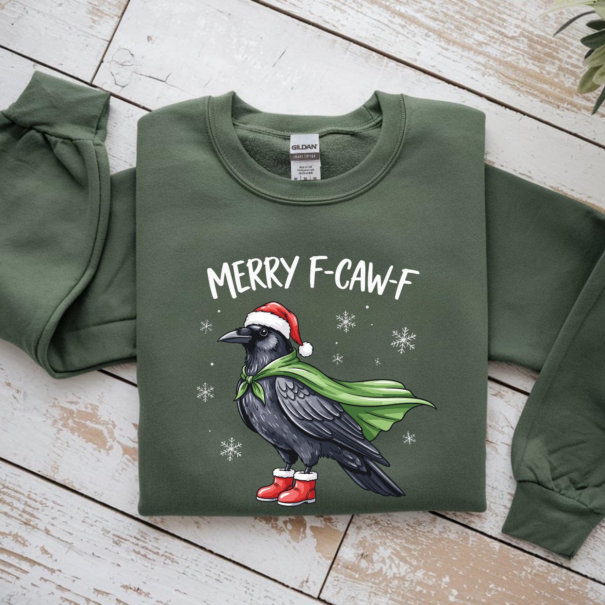 Merry F-Caw-F Raven Shirt, Funny Christmas Crow  Sweatshirt, Sarcastic Holiday Graphic Tee, Santa Hat Bird Xmas Pajama Top