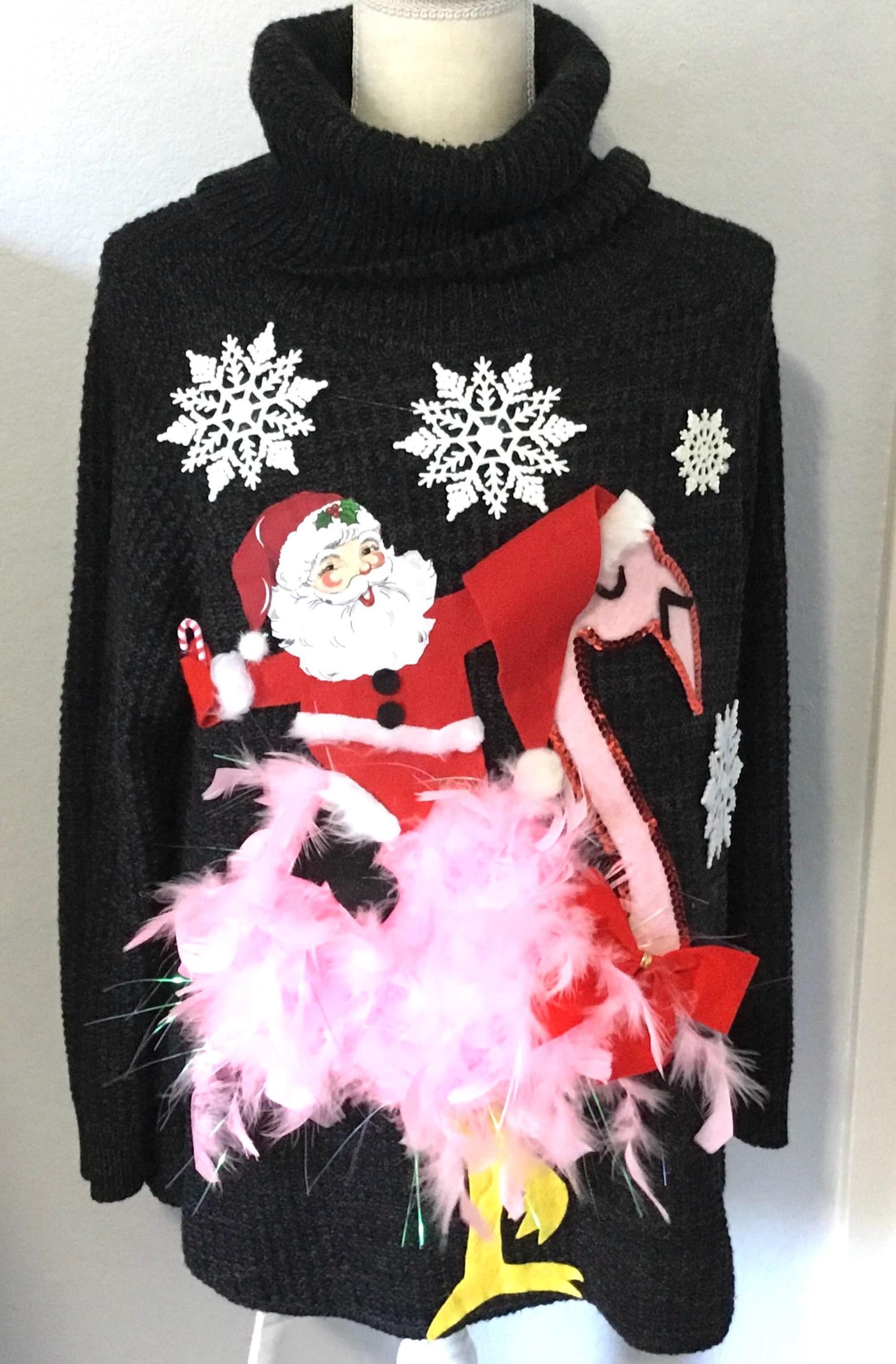 UGLY CHRISTMAS Sweater, Santa Riding a Flamingo, Lights Up, One of a Kind Winner!  Women XL