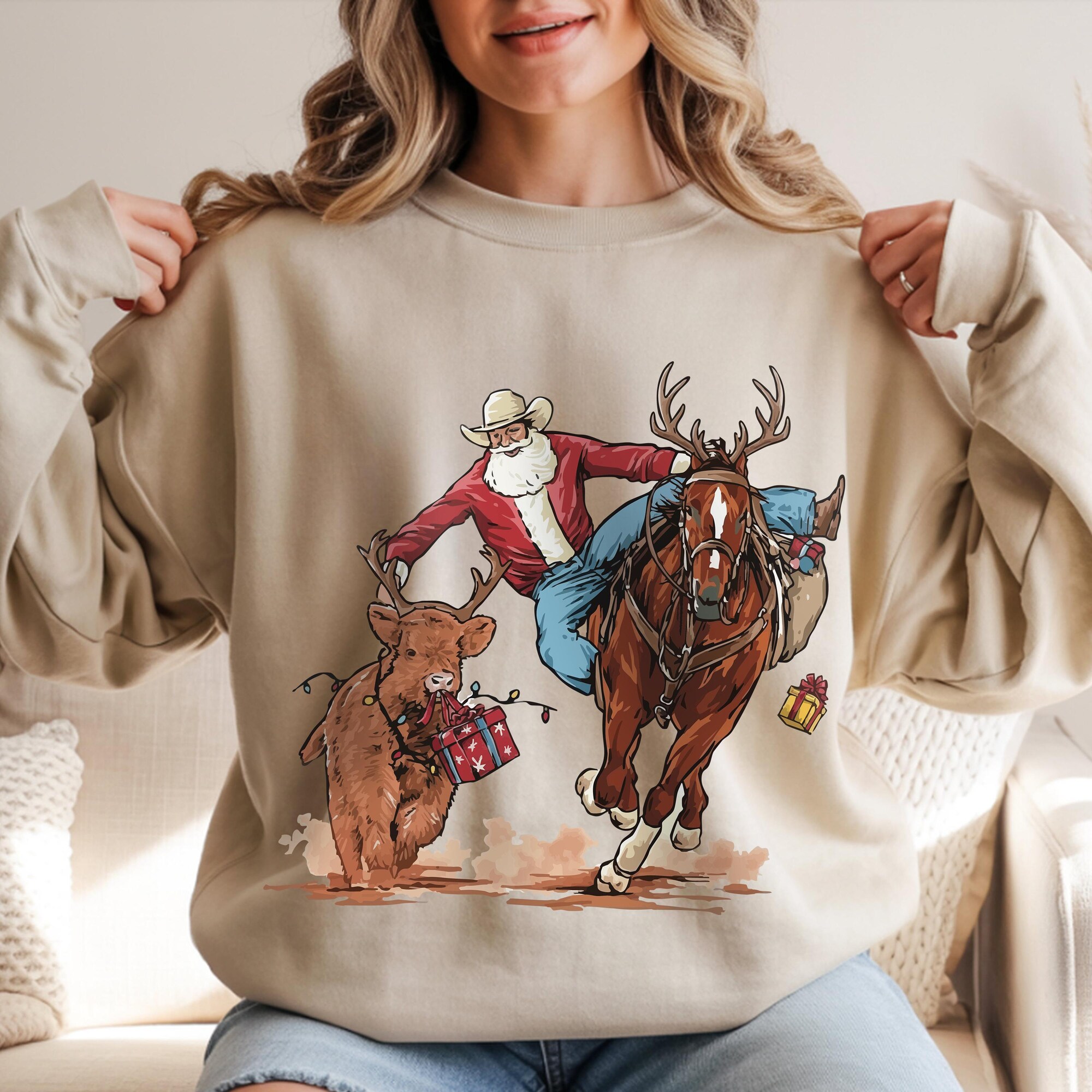 Western Cowboy Santa Christmas Shirt, Rodeo Sweatshirt, Horse & Reindeer Tee, Rustic Xmas Hoodie