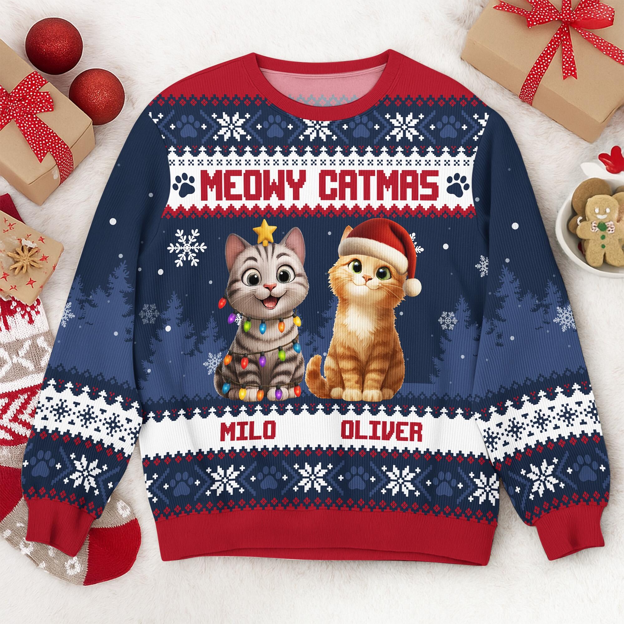 Personalized Cat Meowy Catmas Ugly Christmas Sweater, Custom Cat Ugly Sweater, Funny Christmas Gift For Cat Owner Cat Lover, Cat Mom Sweater