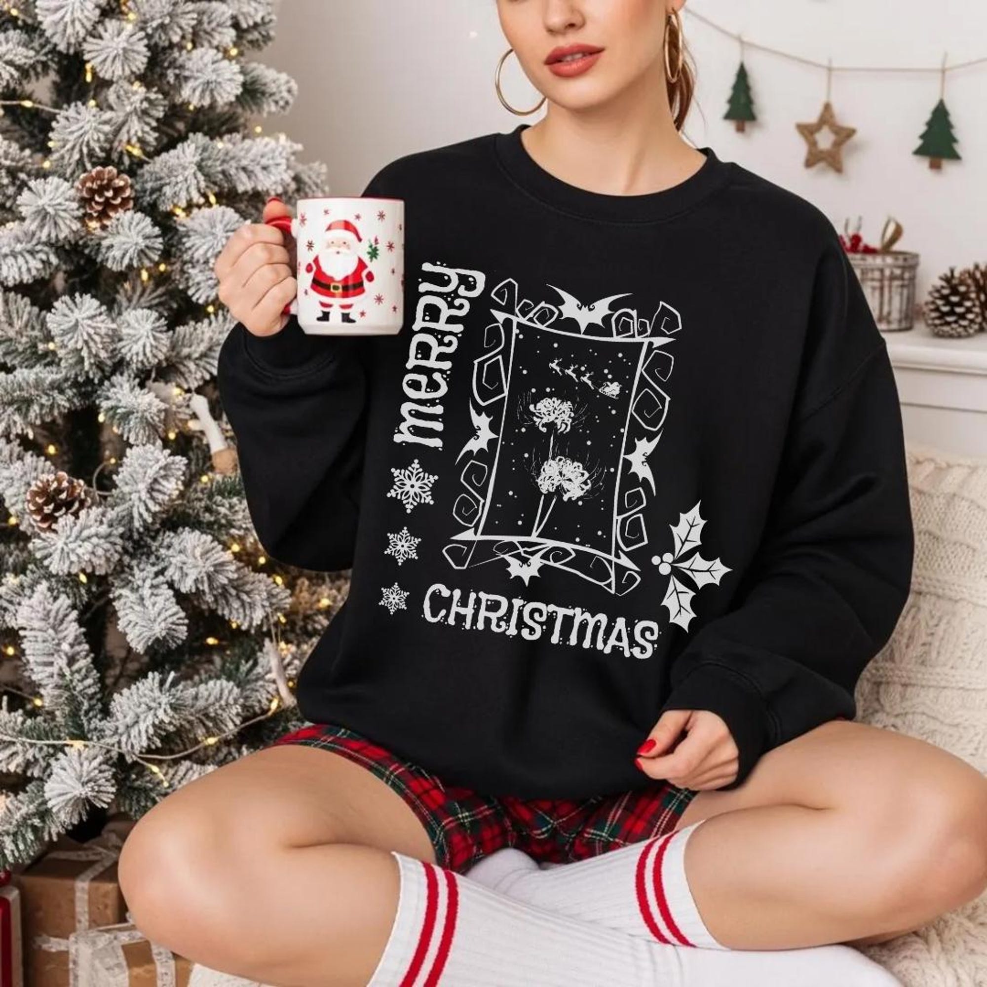 Goth Christmas Sweatshirt Vintage Merry Xmas with Santa Sleigh Holiday Gothic Xmas Pullover for Alternative Christmas Lovers Gift