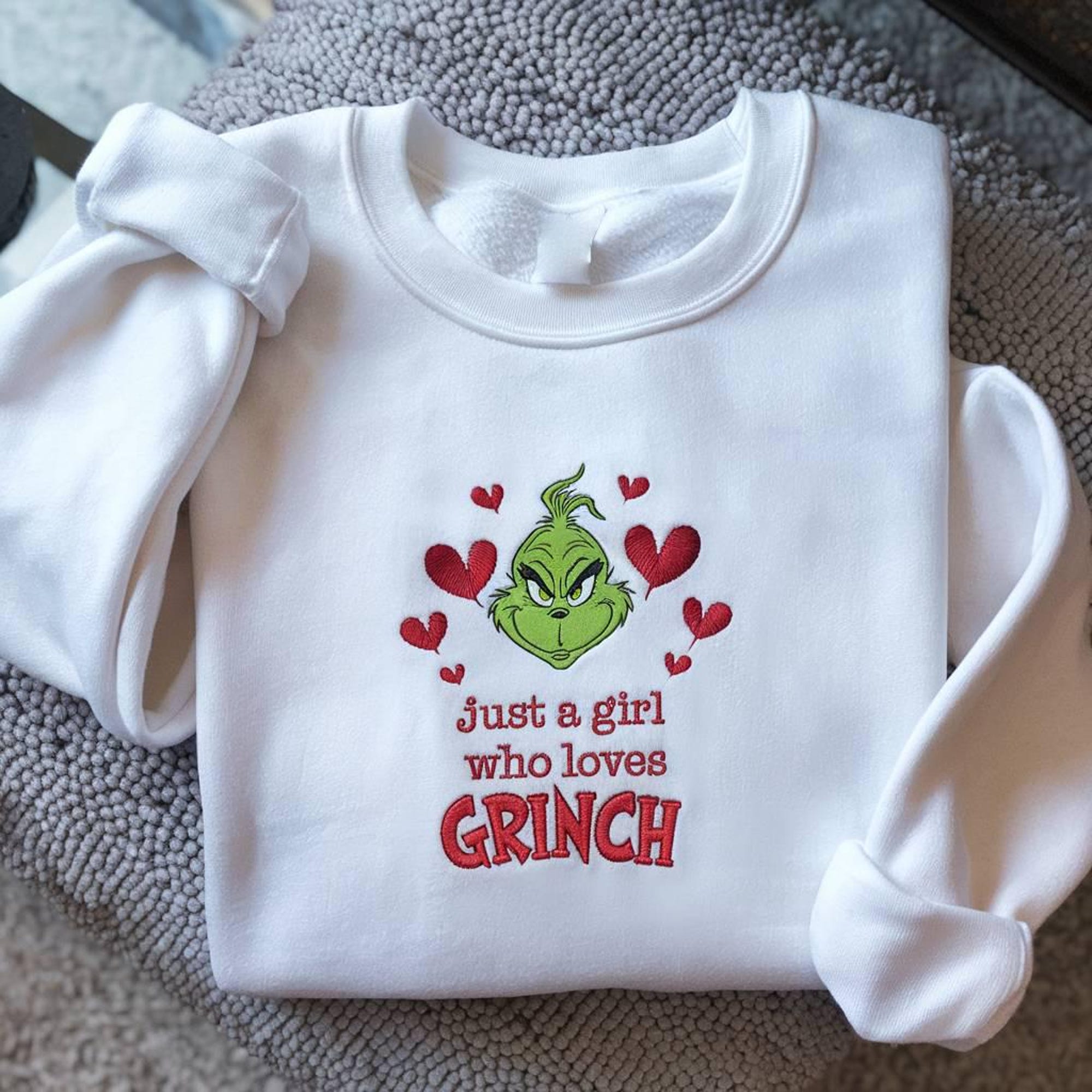 Embroidered Just a Girl Who Loves Grinch Sweatshirt, Merry Grinchmas Sweatshirt, Retro Christmas, Grinch Sweatshirt, Cute Christmas Gift