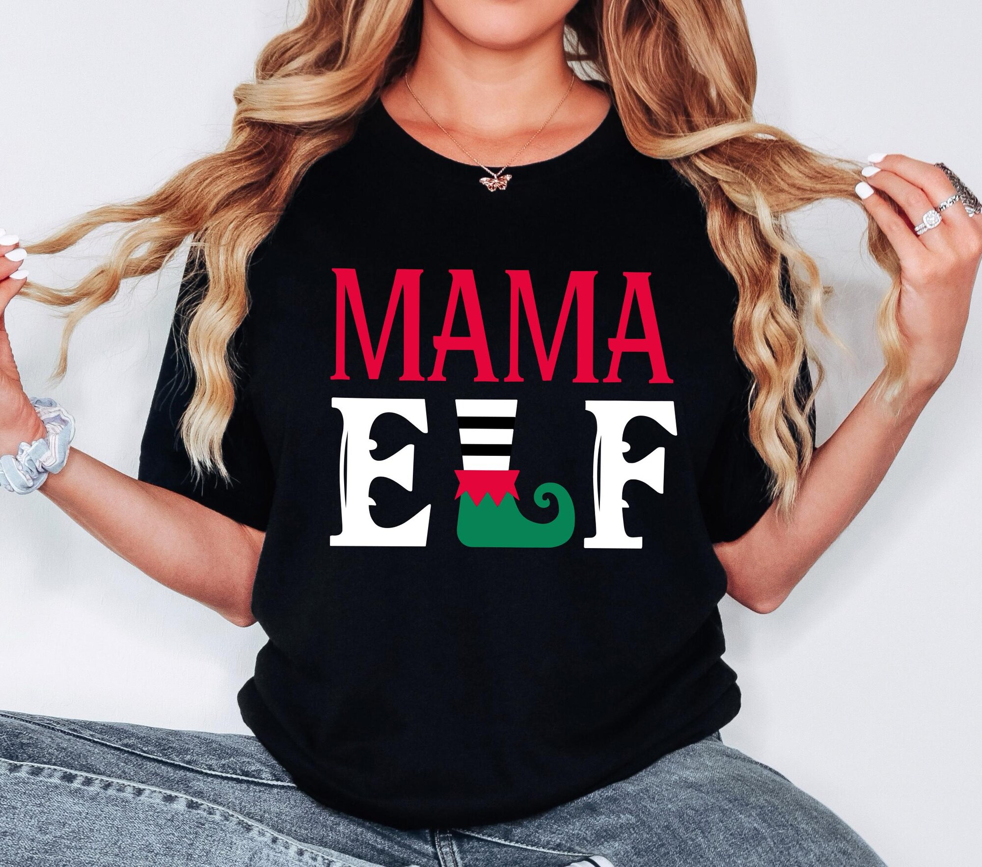 Mama Elf Shirt, Matching Family Christmas Elf Tee, Funny Holiday Pajama Shirt, Cute Xmas Outfit, Santa’s Helper Top for Mom, Gift for Her