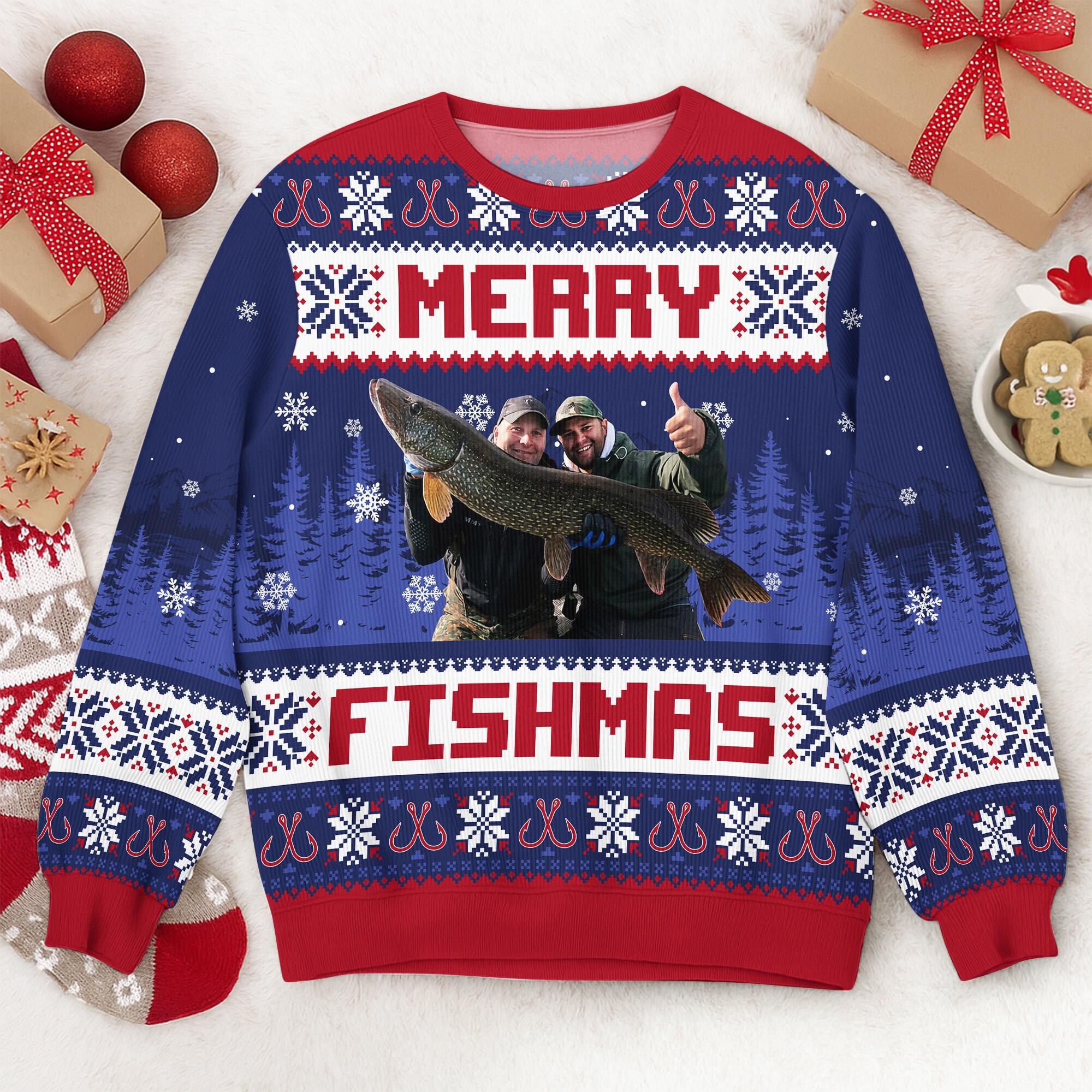 Custom Fishing Photo Ugly Sweater, Gift For Dad Family Photo Ugly Sweater Christmas Gifts Ugly Sweater, Go Fishing Lover, Merry Fishmas
