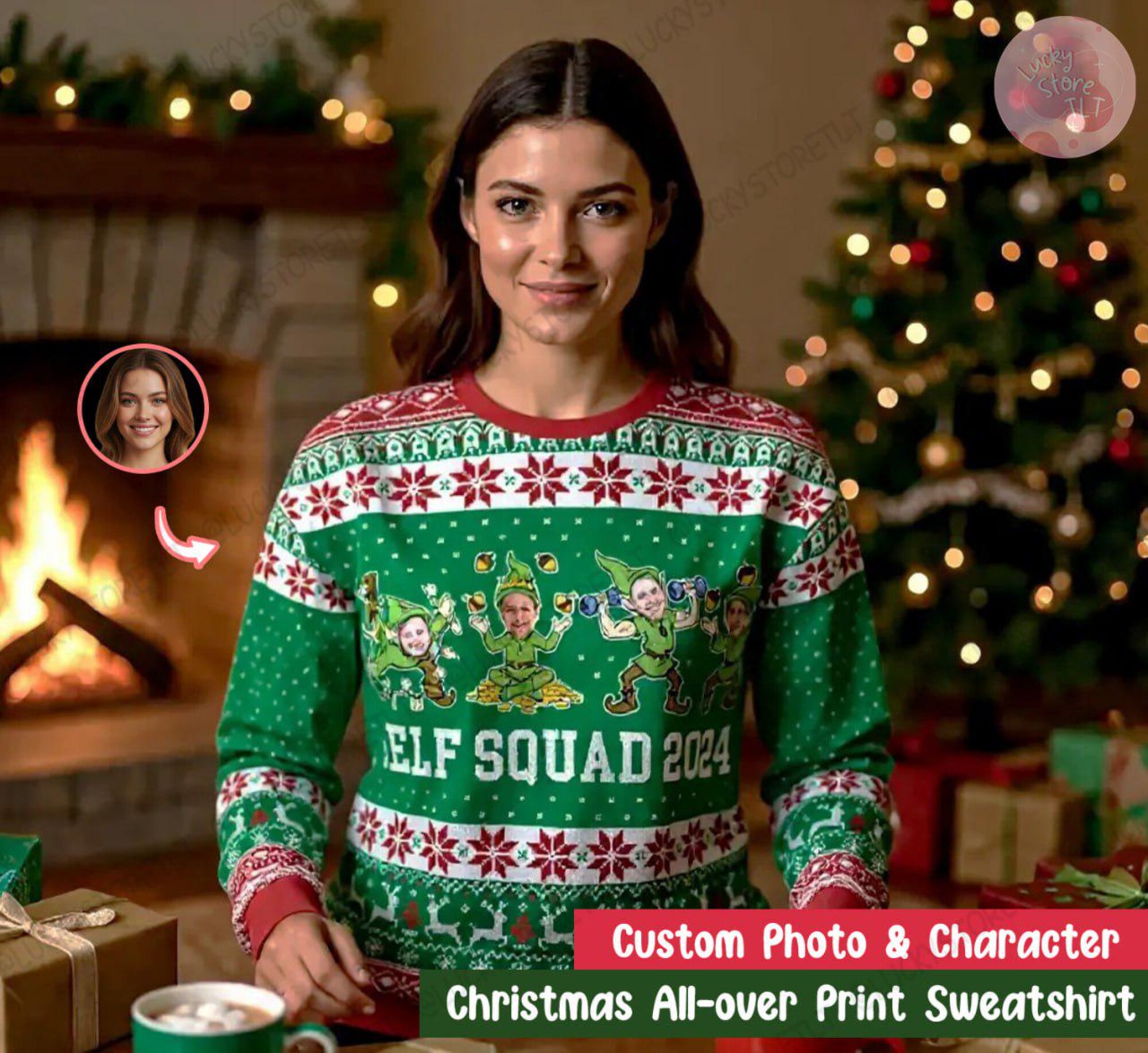 Personalized Family Elf Christmas Sweater 2025, Custom Photo & Name Ugly Xmas Sweater, Matching Holiday Party Outfit for Family and Friends