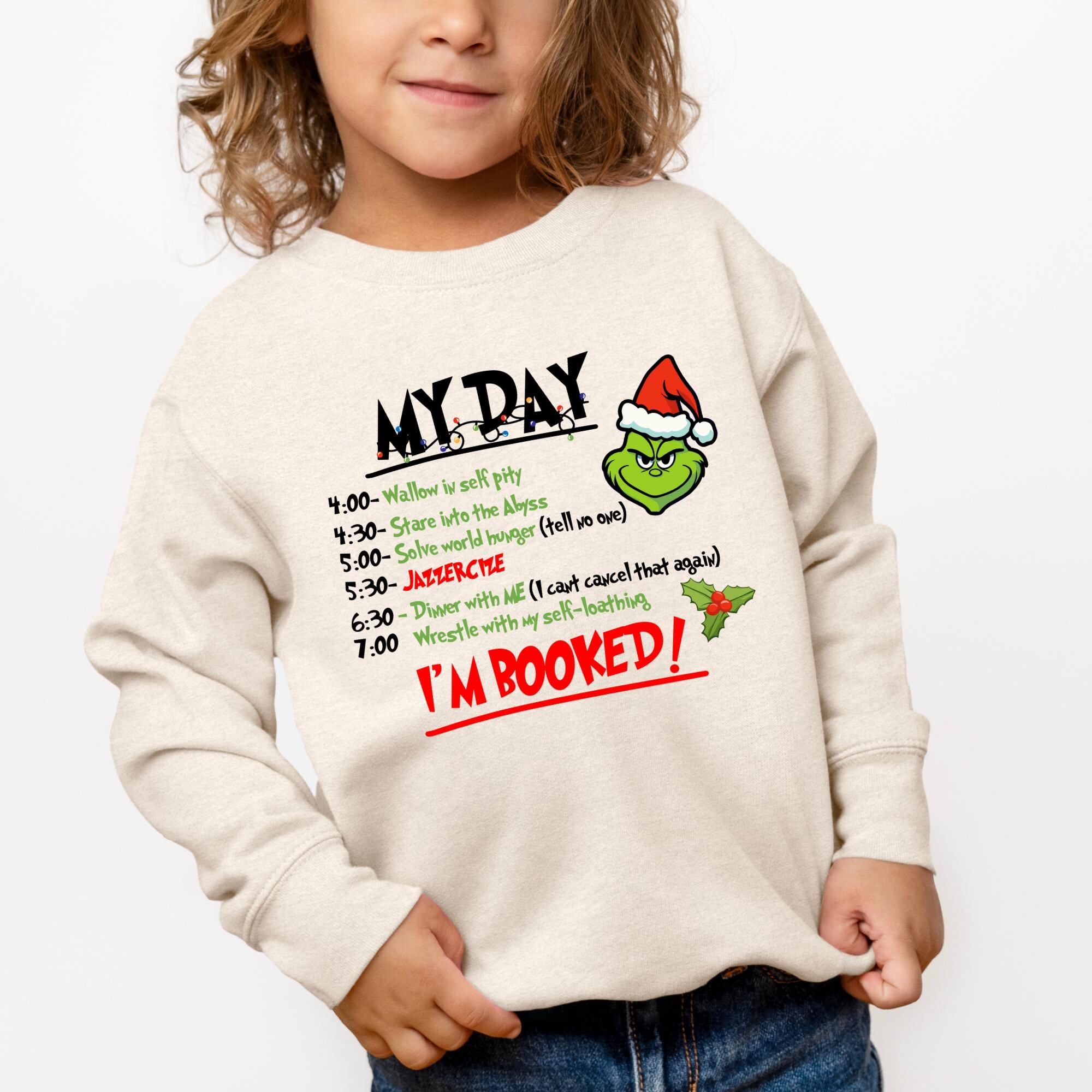 My Day I’m Booked Xmas Youth Sweatshirt, Grinch Christmas Schedule Kids Sweatshirt, Holiday Toddler T-Shirt, Youth Christmas Graphic Tee