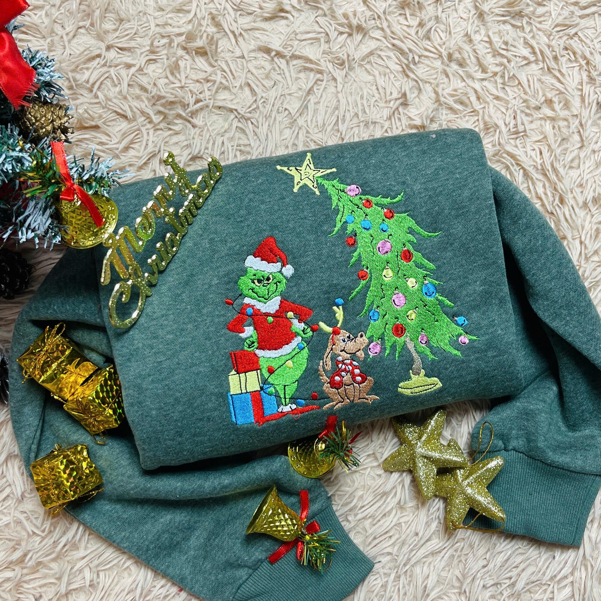 Grinch Christmas Embroidered Sweatshirt: Whimsical Tree Design | Funny Holiday Hoodie | Cozy Grinchmas Gift for Him & Her