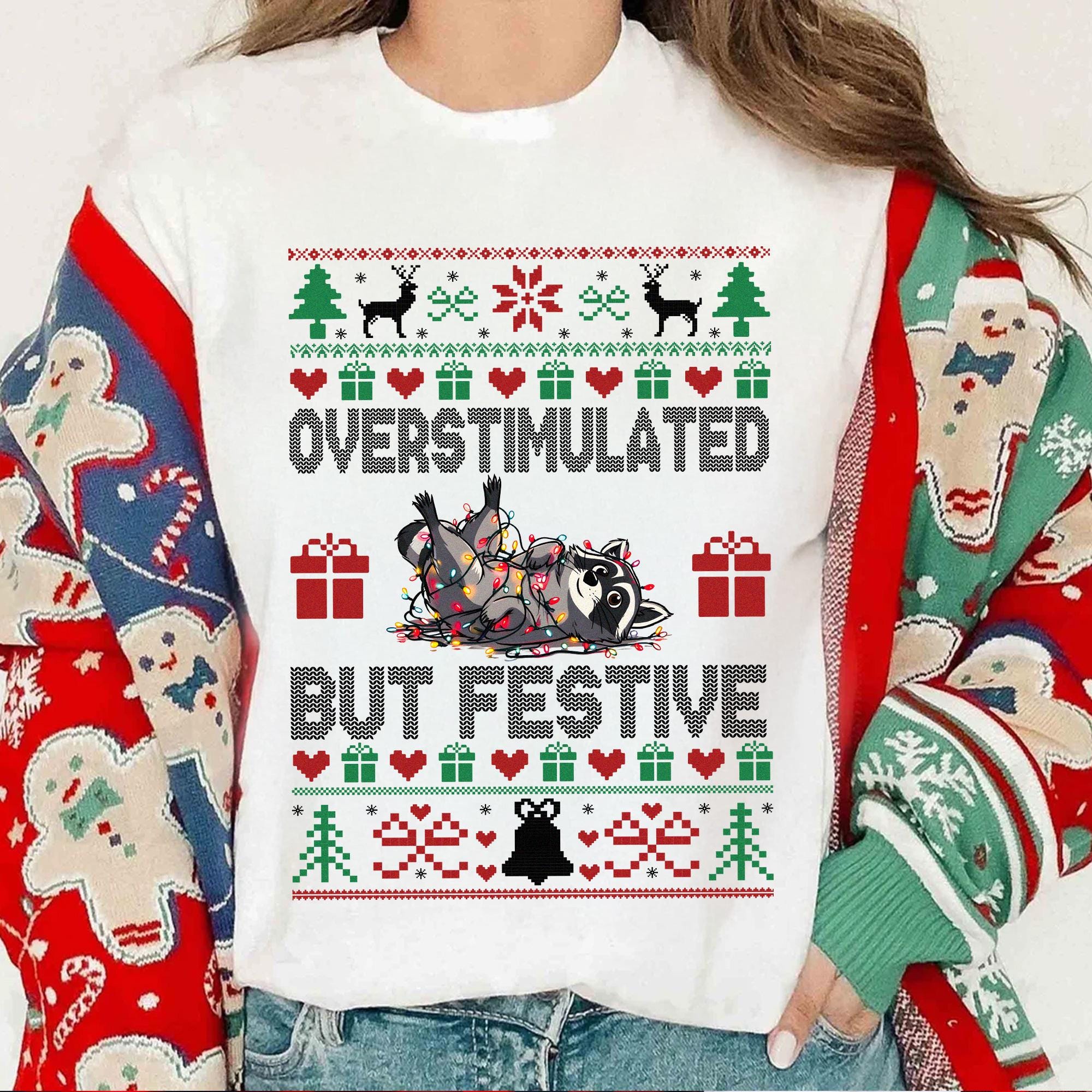 il_2000xN.7305999245_jj91-1.jpg Overstimulated But Festive Raccoon Christmas Sweatshirt, Overstimulated Xmas Shirt, Raccoon Christmas, Funny Christmas Top, Freindsmas Gift