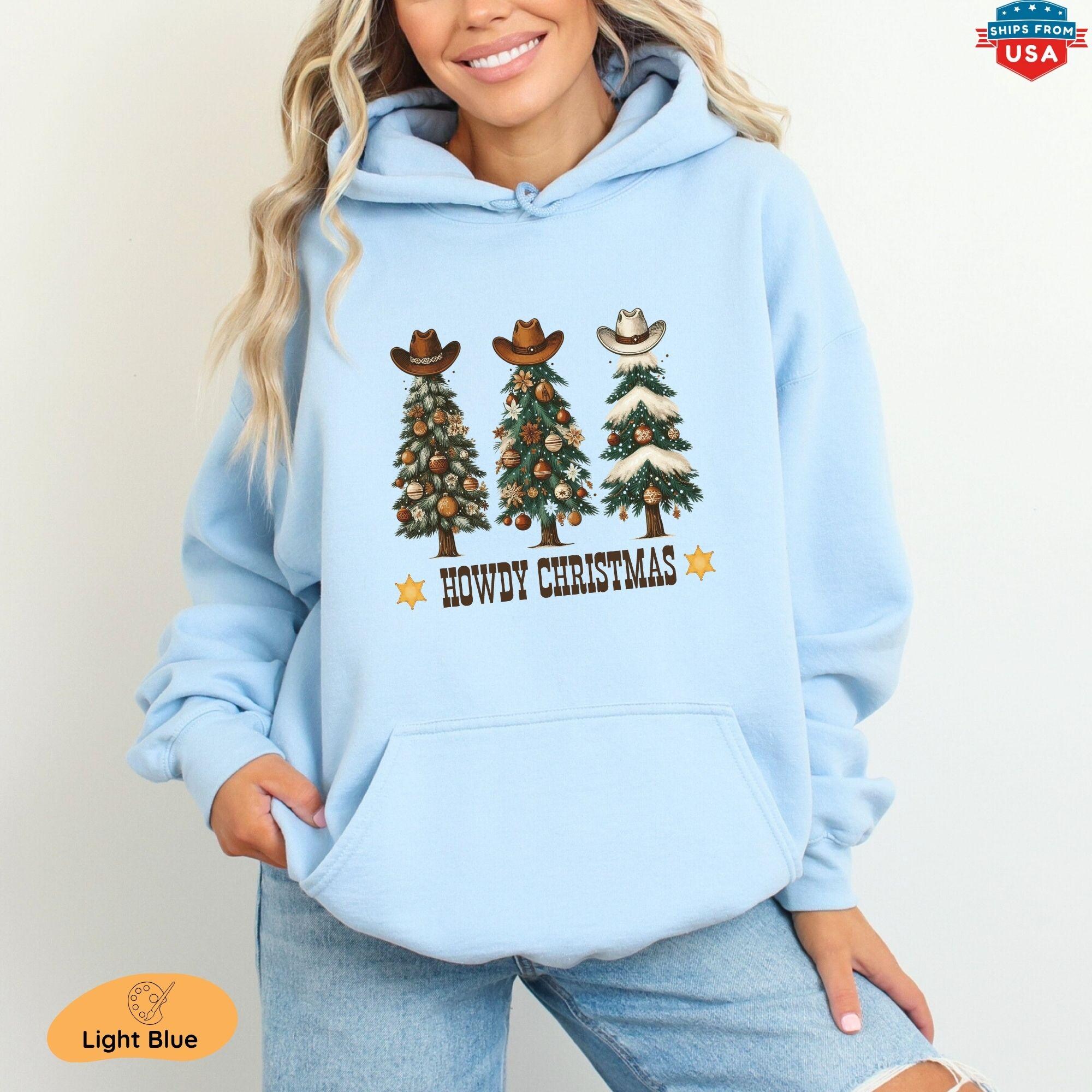 il_2000xN.7306897121_bjqa.jpg Western Christmas Sweatshirt, Howdy Christmas Tree Graphic Tee,Cowboy Hat Holiday Hoodie, Winter Festive Shirt, Wild West Christmas Gift