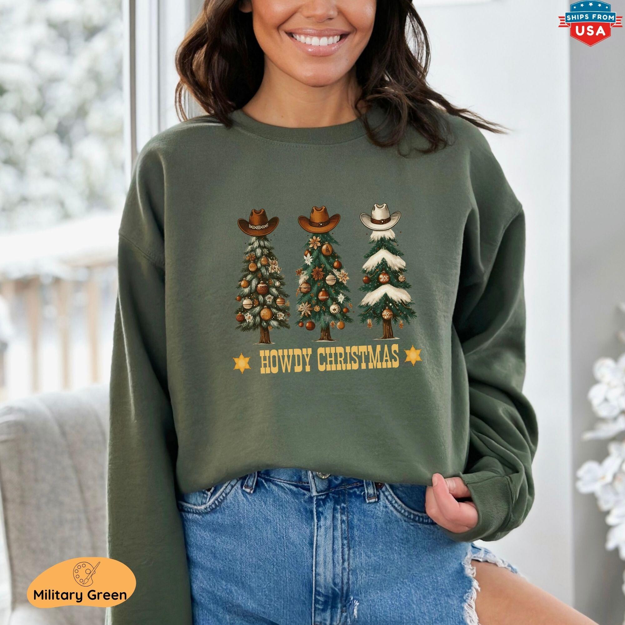 il_2000xN.7306897125_d940.jpg Western Christmas Sweatshirt, Howdy Christmas Tree Graphic Tee,Cowboy Hat Holiday Hoodie, Winter Festive Shirt, Wild West Christmas Gift