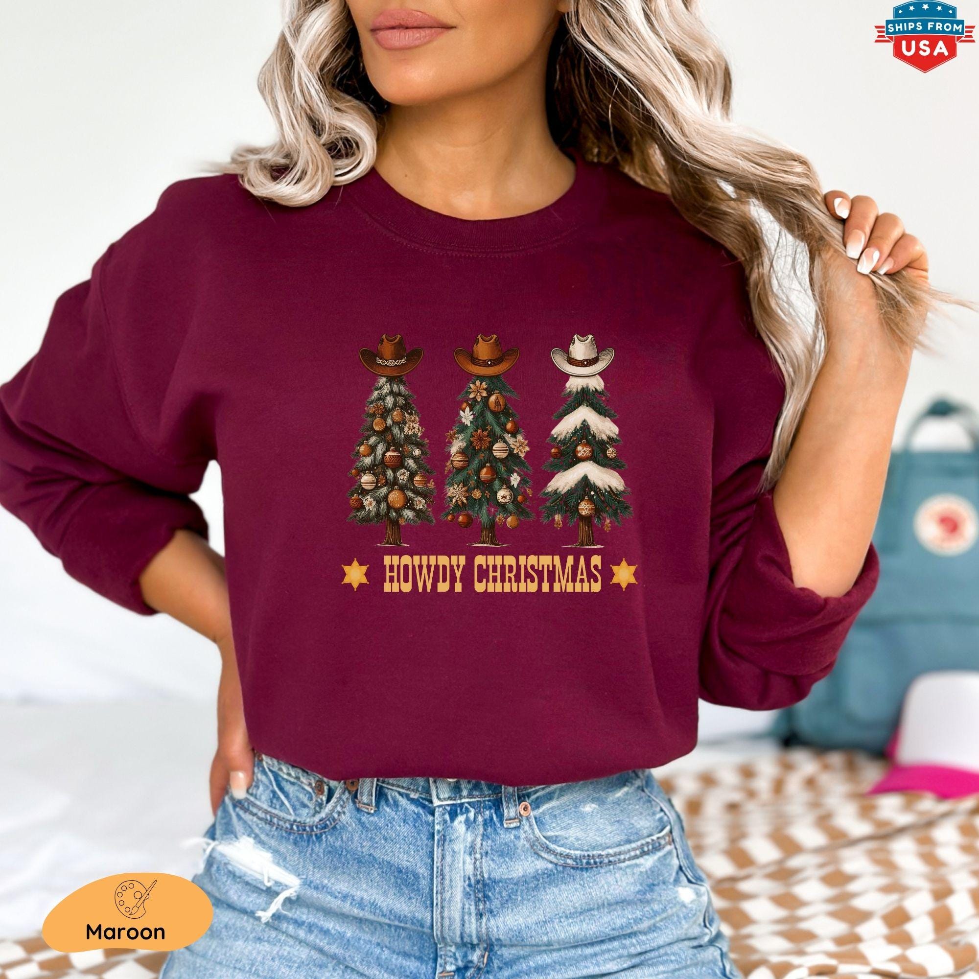 il_2000xN.7306897129_arjj.jpg Western Christmas Sweatshirt, Howdy Christmas Tree Graphic Tee,Cowboy Hat Holiday Hoodie, Winter Festive Shirt, Wild West Christmas Gift