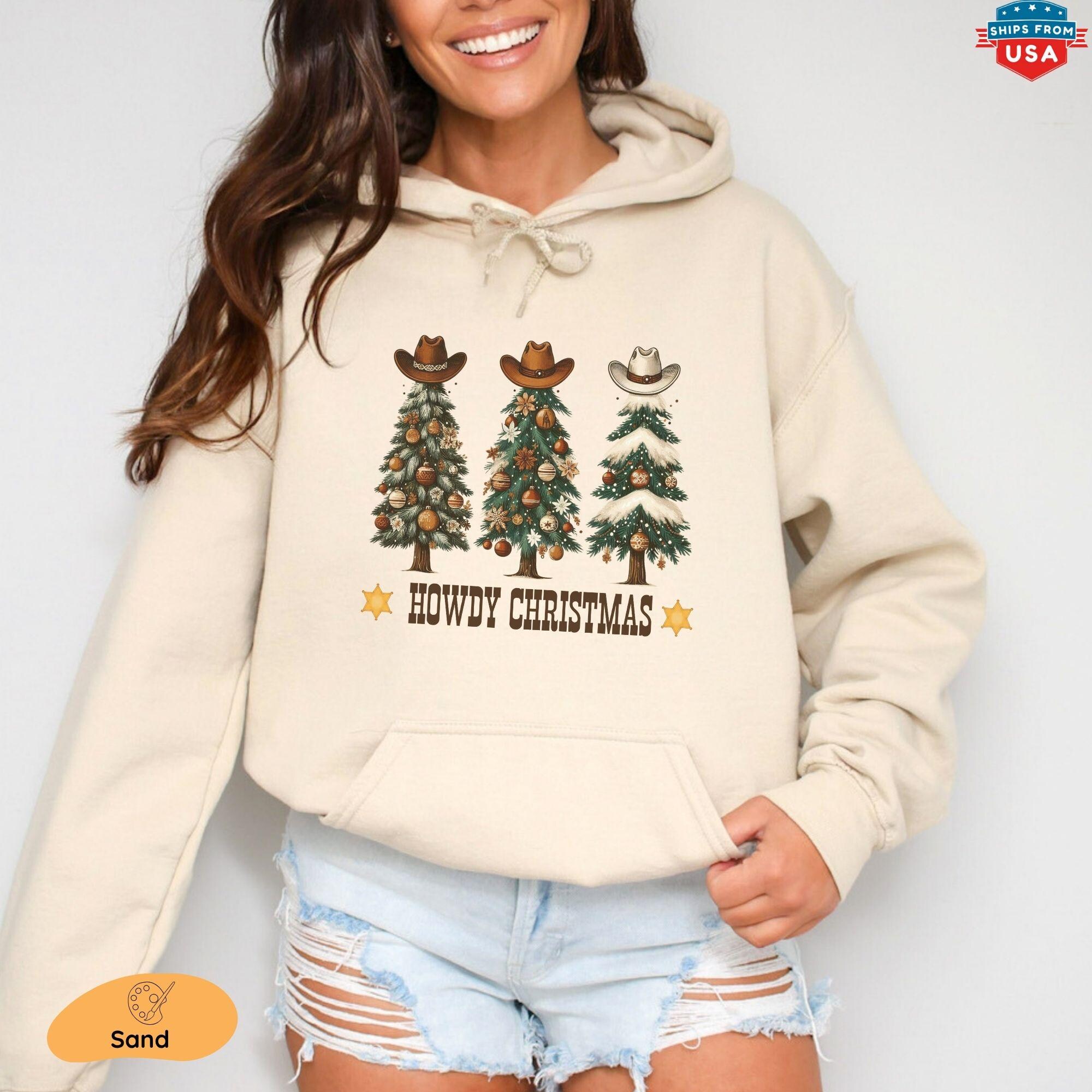 Western Christmas Sweatshirt, Howdy Christmas Tree Graphic Tee,Cowboy Hat Holiday Hoodie, Winter Festive Shirt, Wild West Christmas Gift