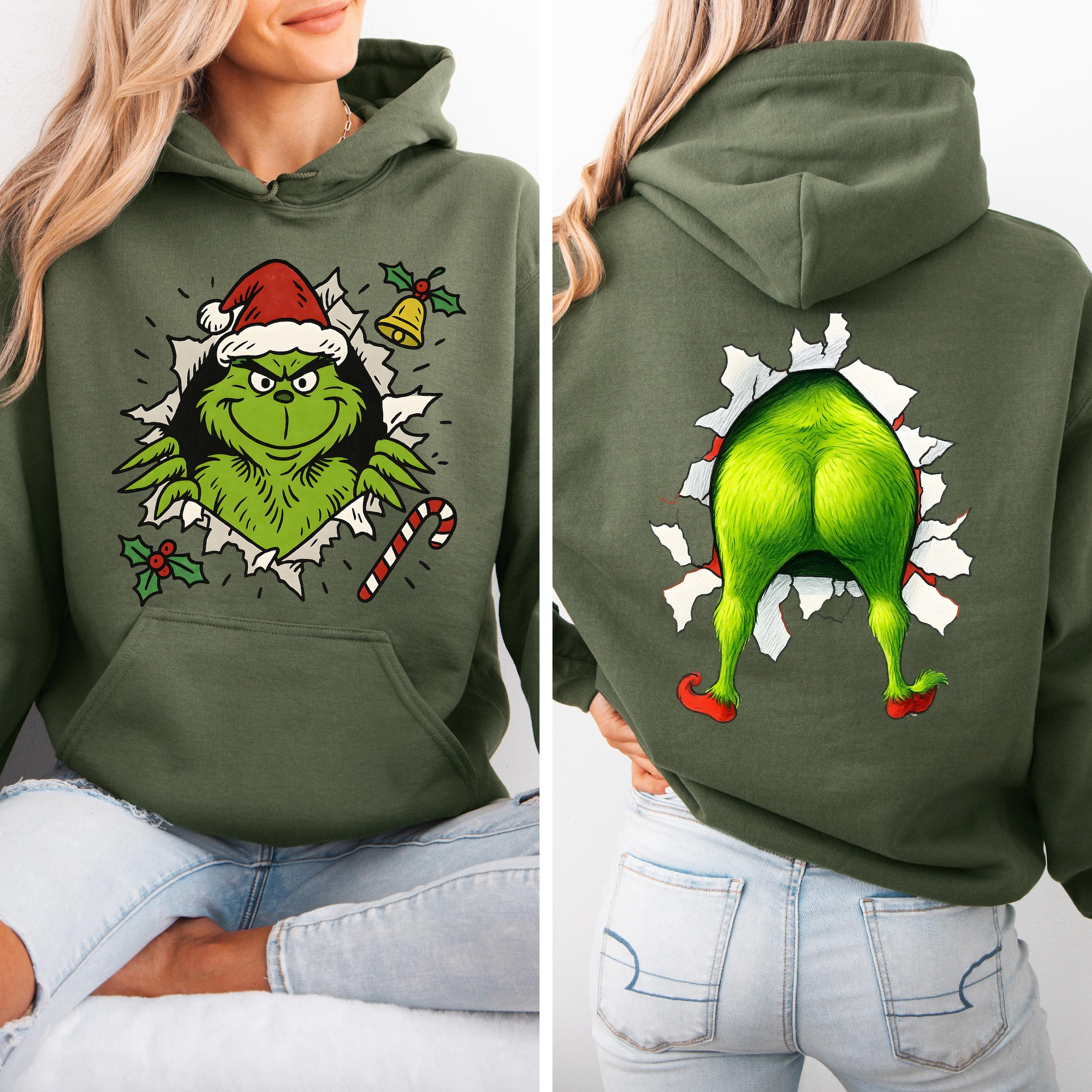 Funny Grinch Christmas Front-Back Hoodie, Two-Sided Santa Grinch Shirt, Family Grinch Christmas Sweatshirt, Women’s Christmas Shirt