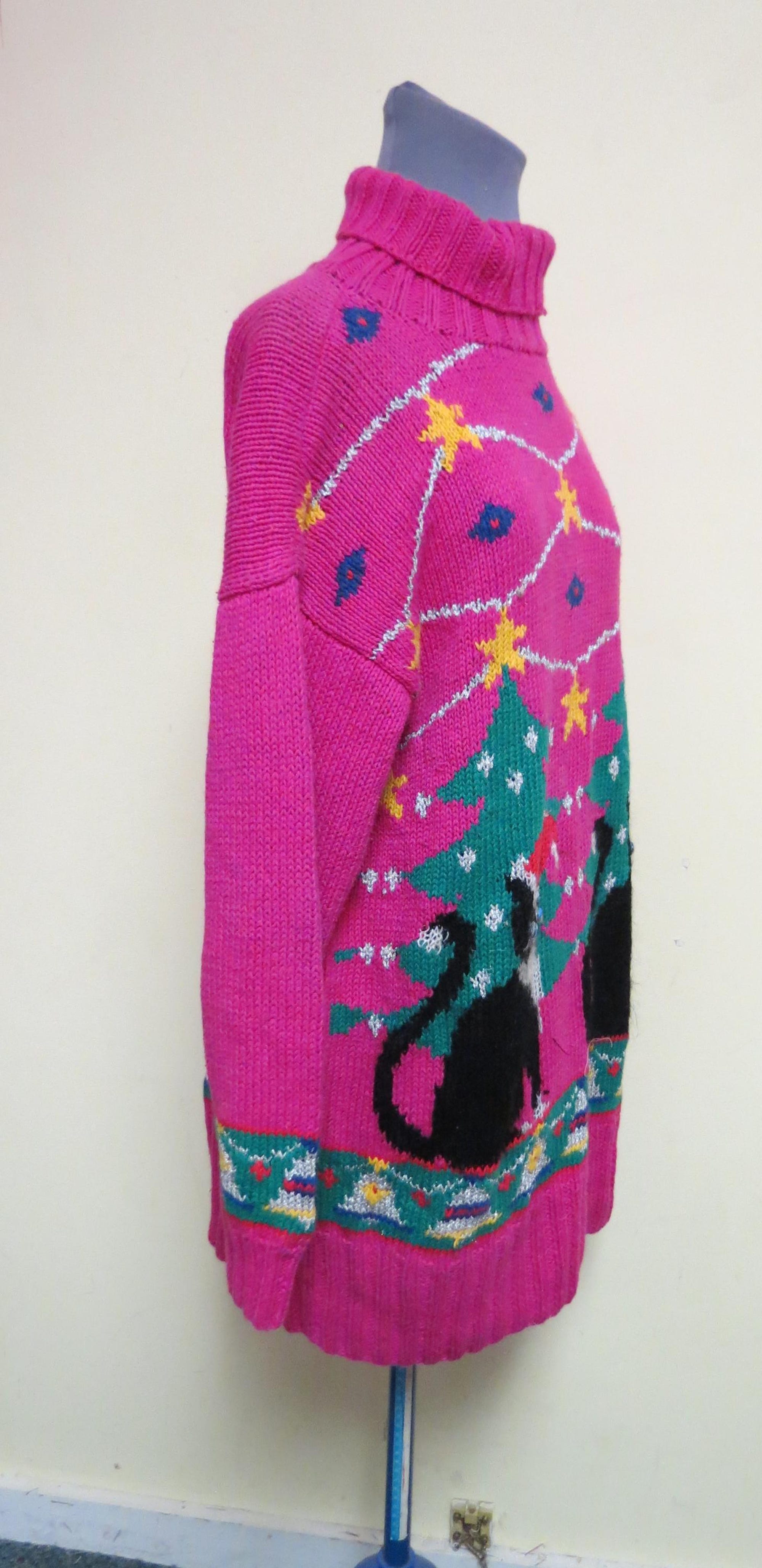 il_2000xN.7307245731_90p5.jpg Vintage 90's Oversized Cat Sweater, Ugly Christmas sweater Pink Cats