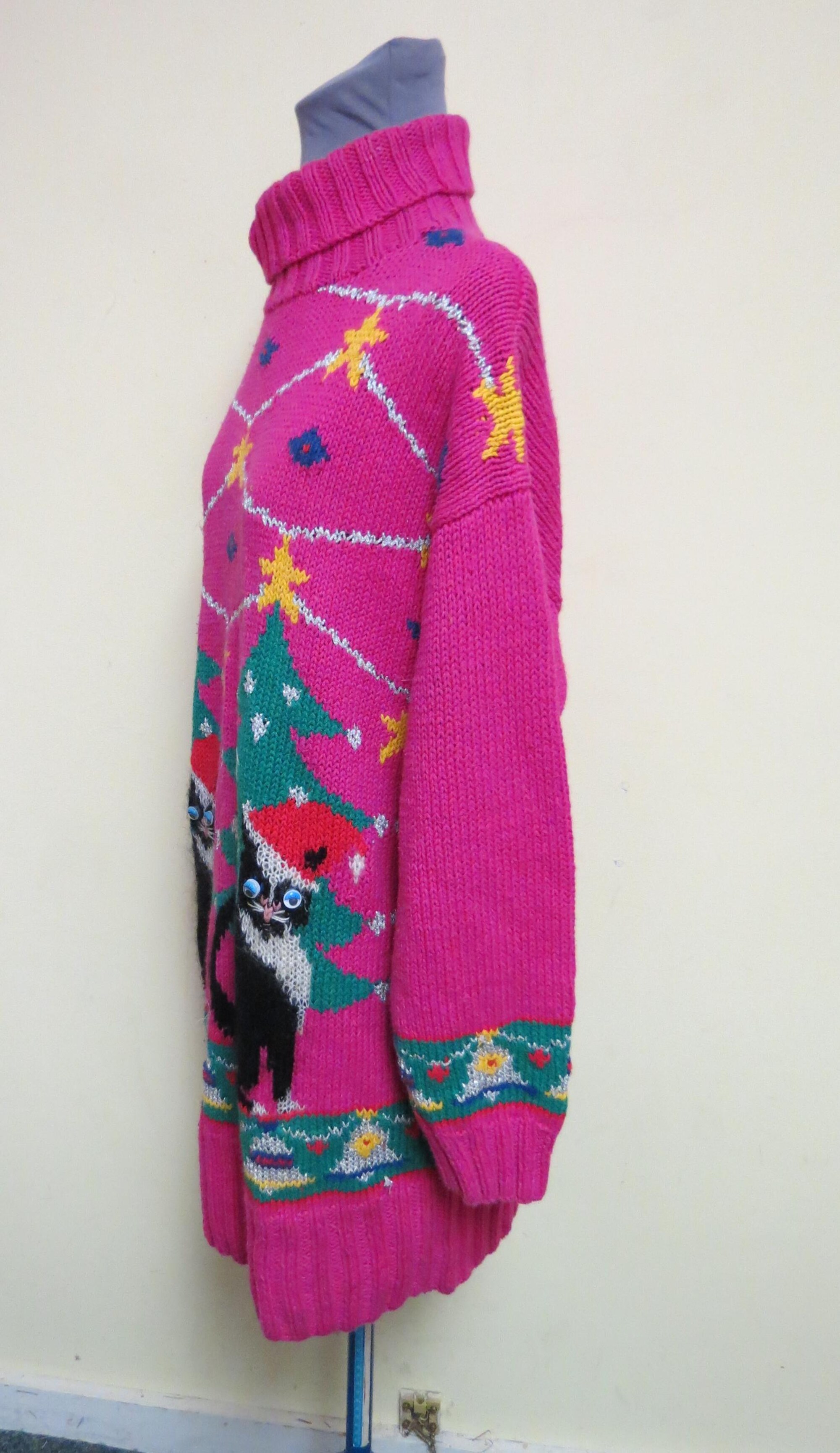 il_2000xN.7307245733_8t7y.jpg Vintage 90's Oversized Cat Sweater, Ugly Christmas sweater Pink Cats
