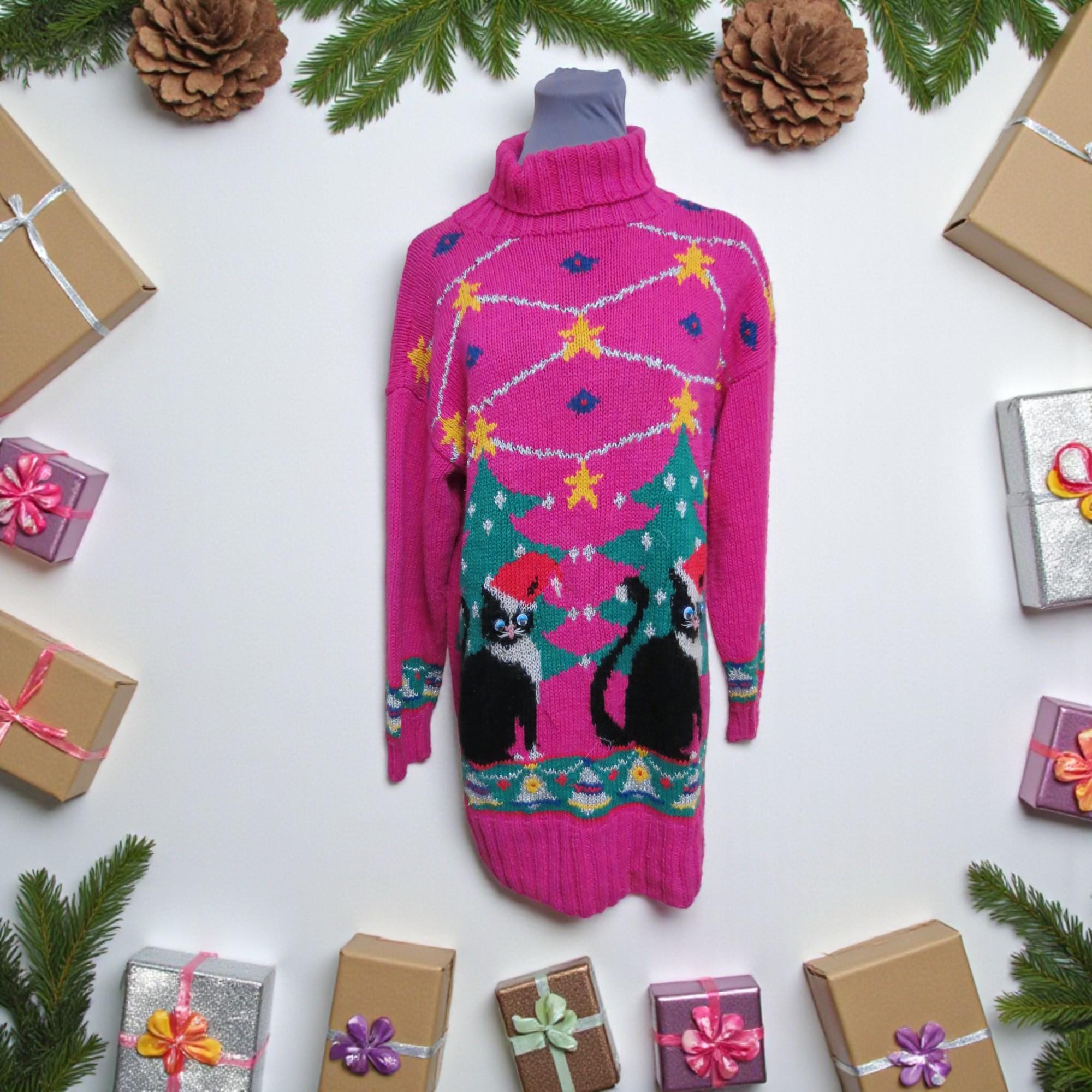 Vintage 90’s Oversized Cat Sweater, Ugly Christmas sweater Pink Cats