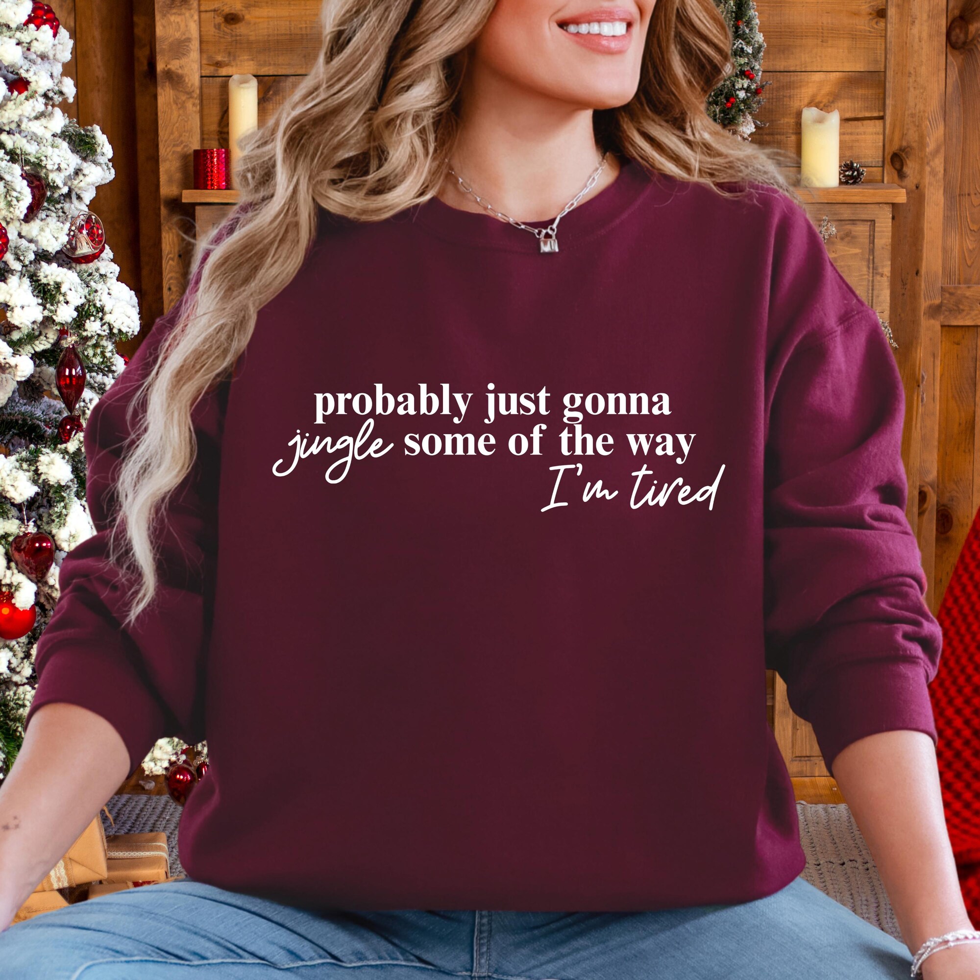 Funny Christmas Sweatshirt: Tired Jingle Holiday Crewneck