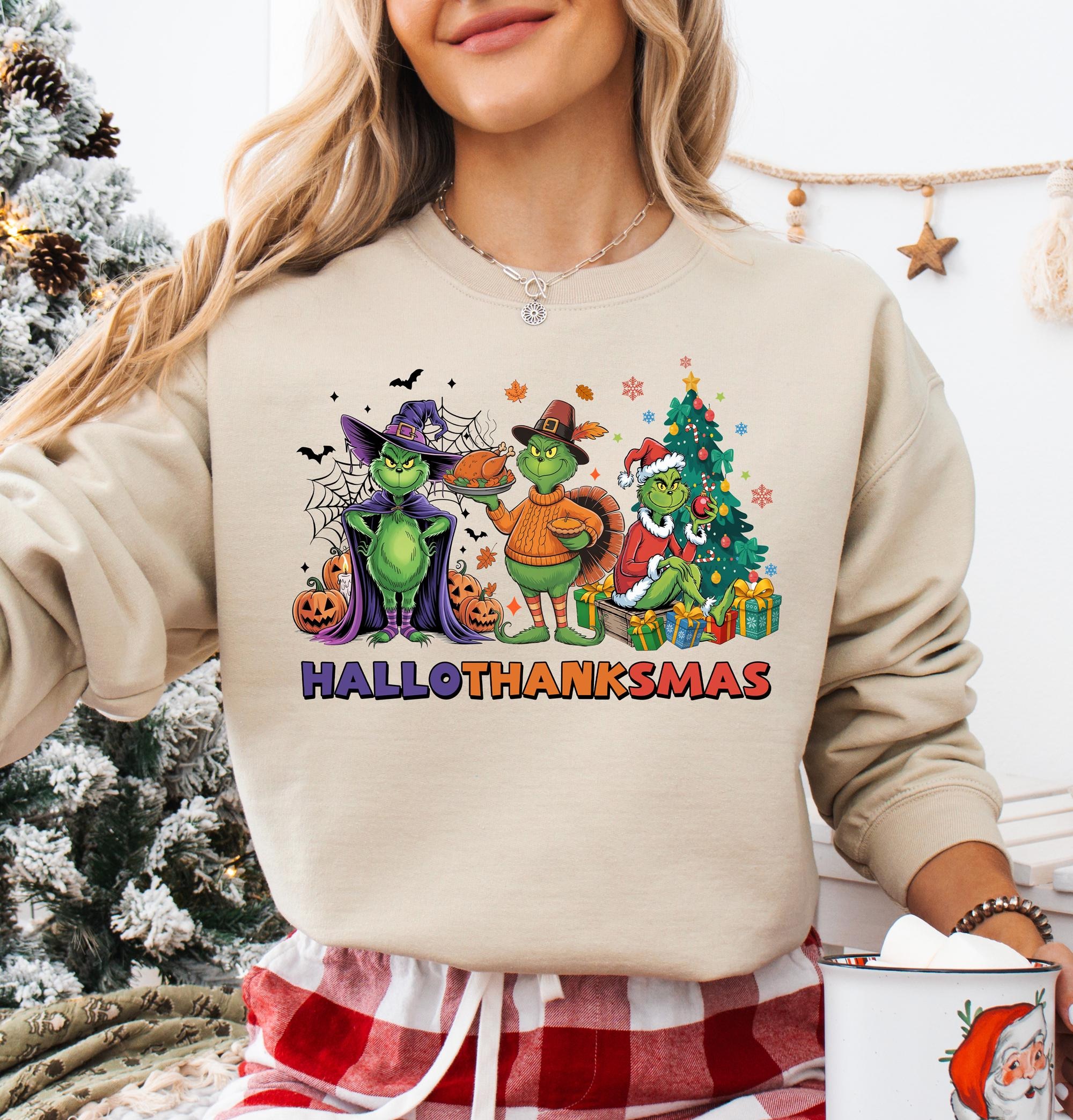 il_2000xN.7309863337_avu7-30.jpg Funny Grinch Hallothanksmas Sweatshirt Holiday Mashup Sweatshirt Grinchy Halloween Thanksgiving Christmas Sweatshirt Grinchmas Sweatshirt