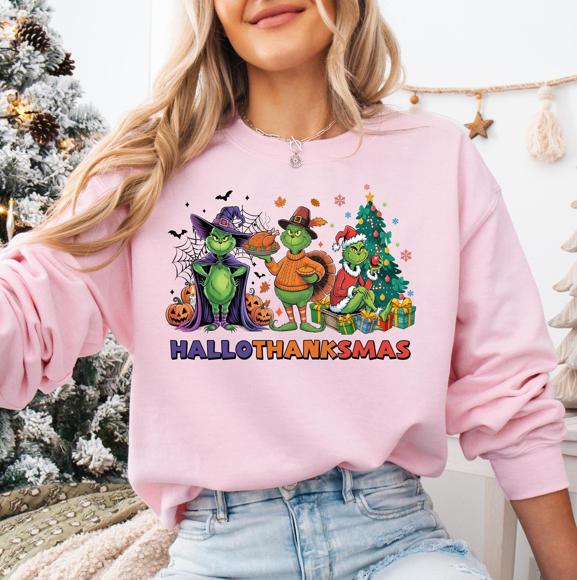 il_2000xN.7309863413_2i1d-30.jpg Funny Grinch Hallothanksmas Sweatshirt Holiday Mashup Sweatshirt Grinchy Halloween Thanksgiving Christmas Sweatshirt Grinchmas Sweatshirt