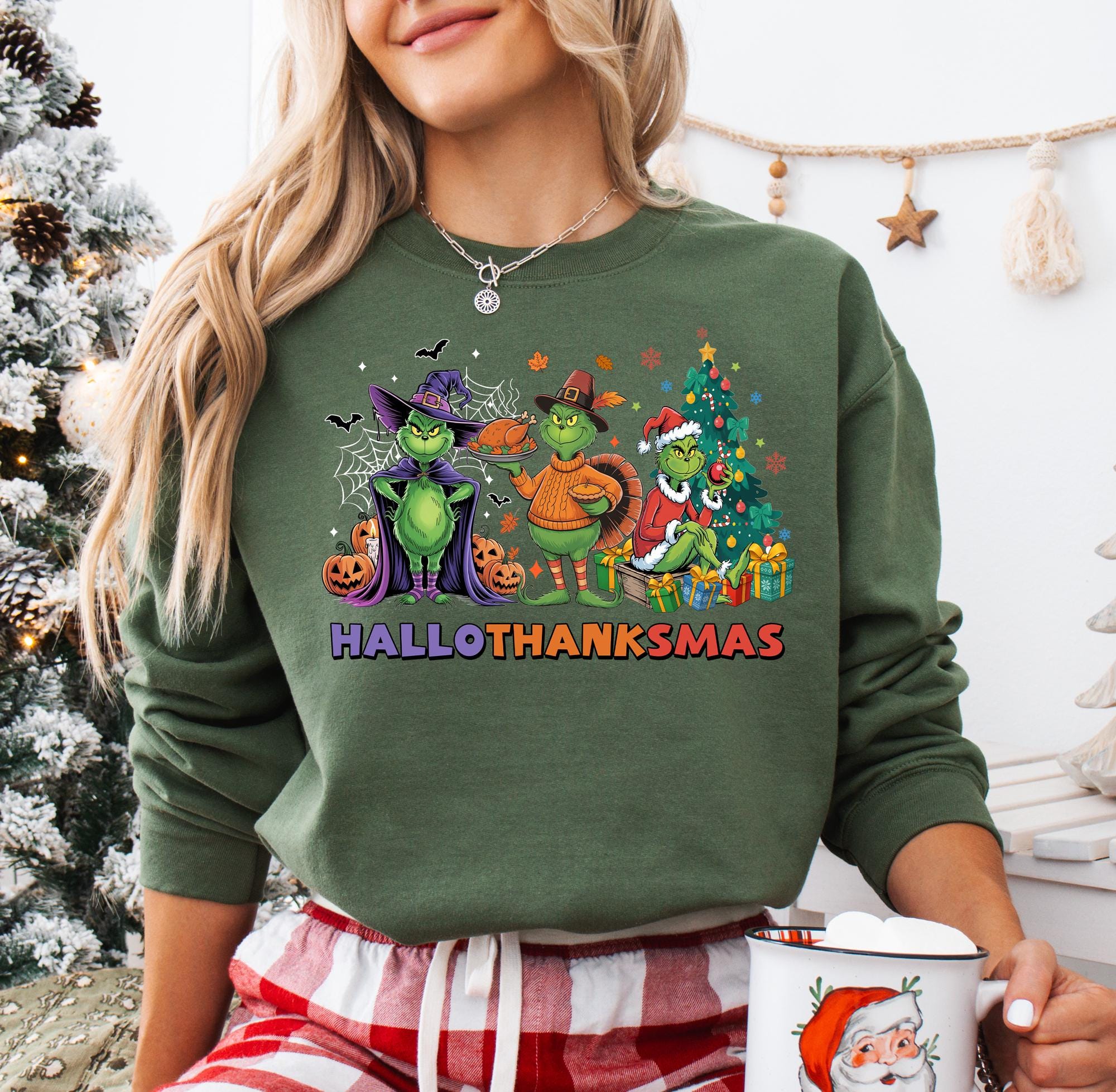 il_2000xN.7309863549_jwas-30.jpg Funny Grinch Hallothanksmas Sweatshirt Holiday Mashup Sweatshirt Grinchy Halloween Thanksgiving Christmas Sweatshirt Grinchmas Sweatshirt