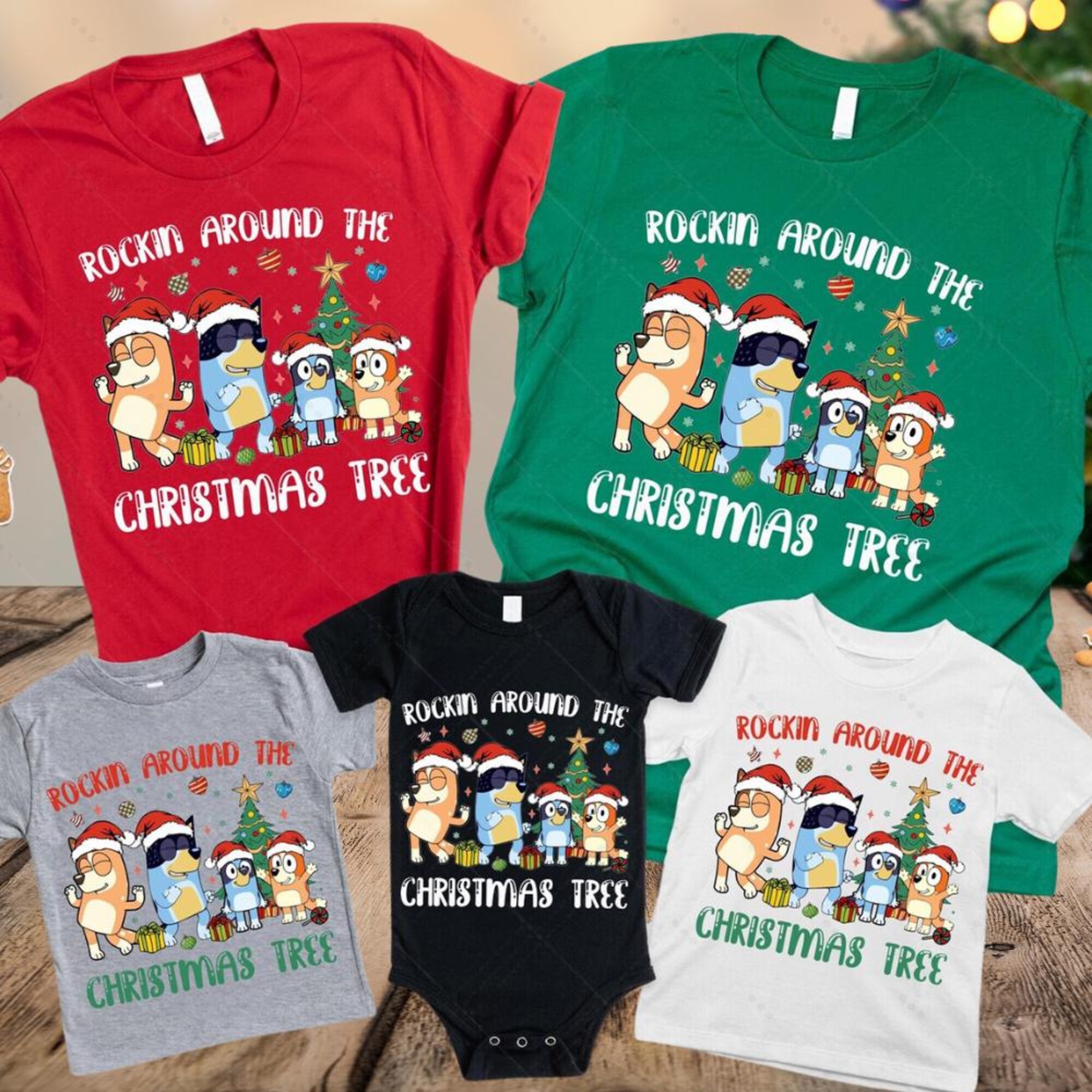 Bluey Christmas Family Shirt, Rockin Around The Christmas Tree TShirt, Family Matching Bluey Characters Pajamas
