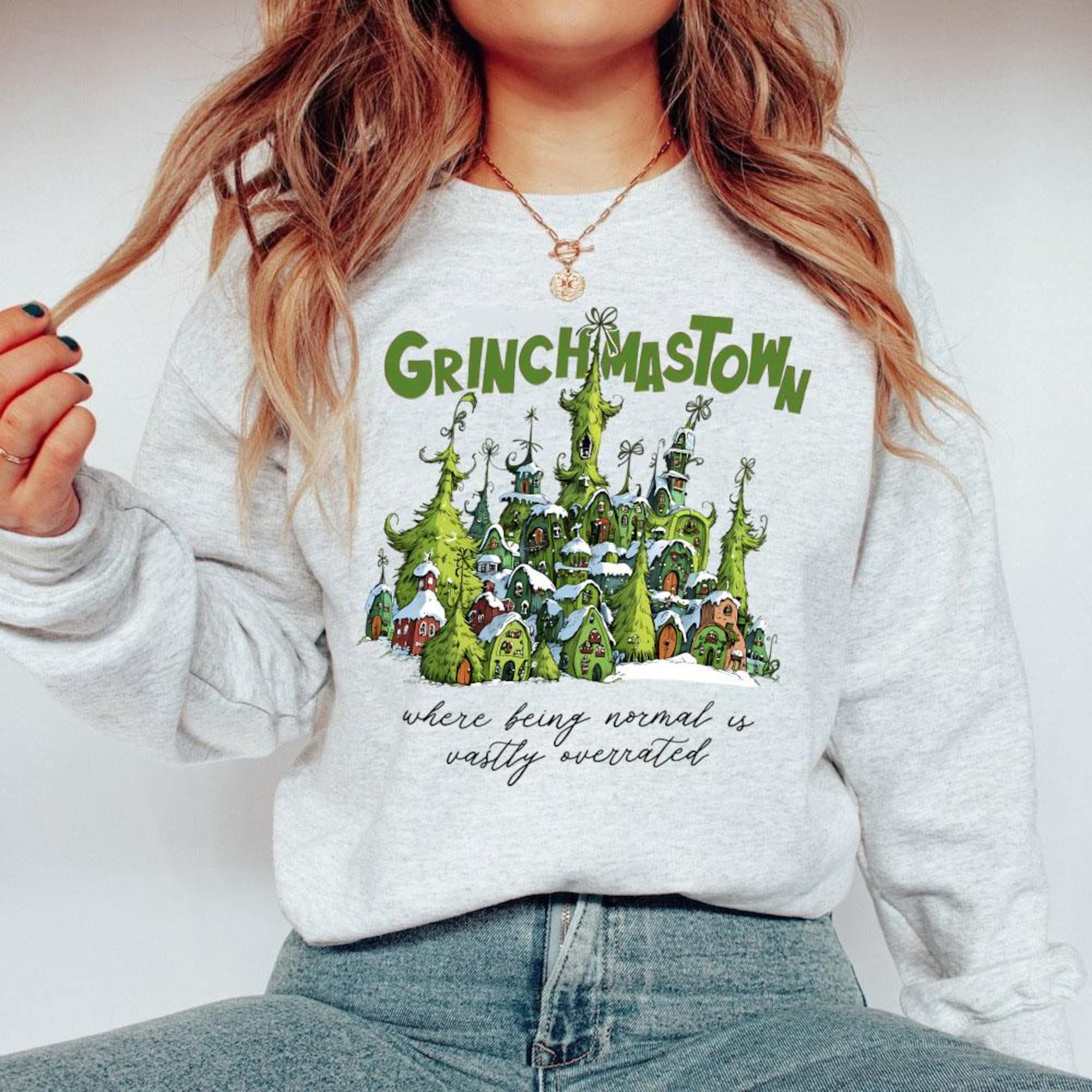 Vintage Grinchmastown Christmas Sweatshirt, Grinch Sweatshirt, Merry Grinchmas Sweatshirt, Whimsical Tree Sweatshirt